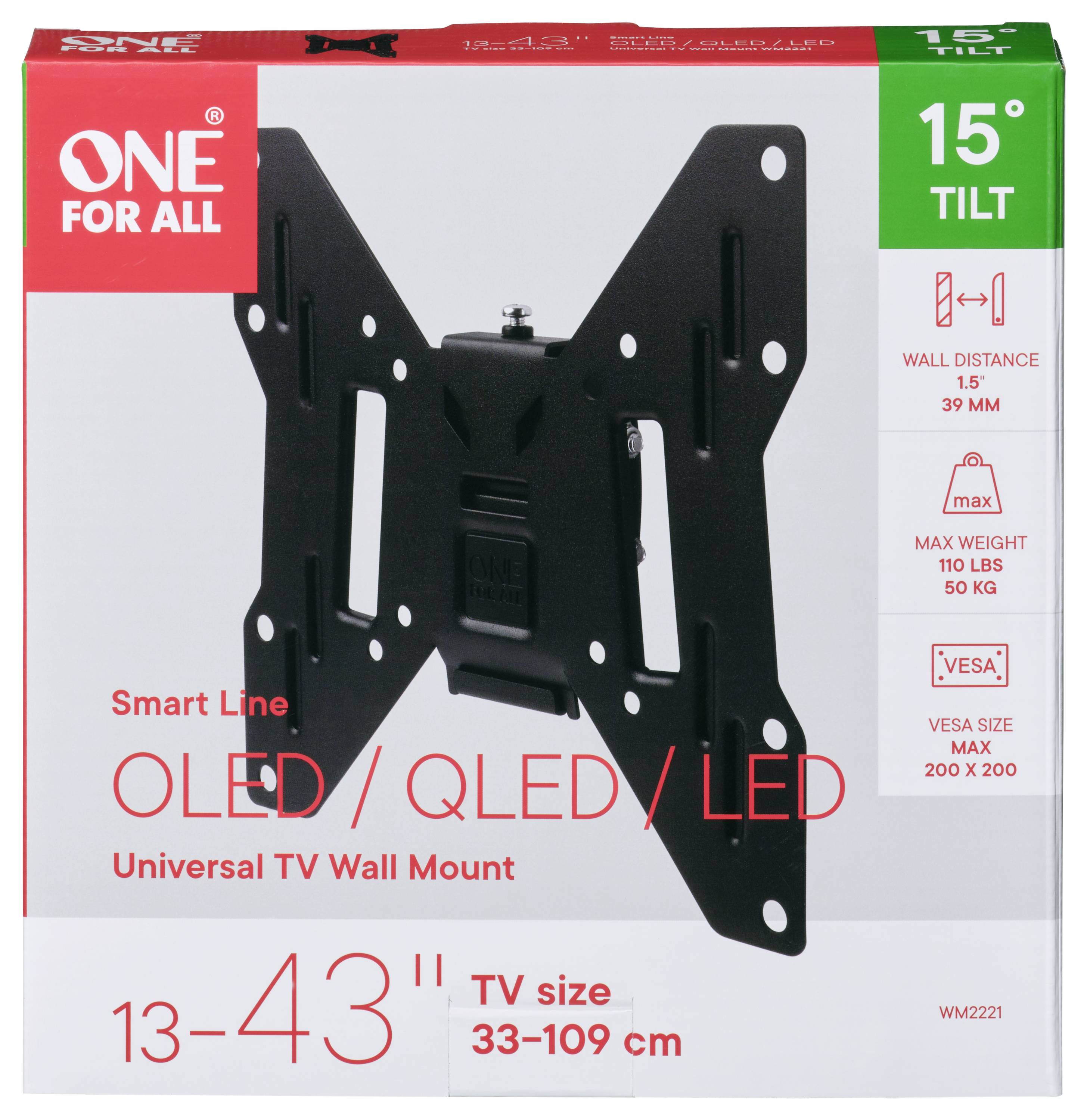 Tilt adjustable TV wall mount for OLED/QLED/LED screens, 13-43 inch size. Max weight support: 110 lbs. VESA size: 200 x 200.