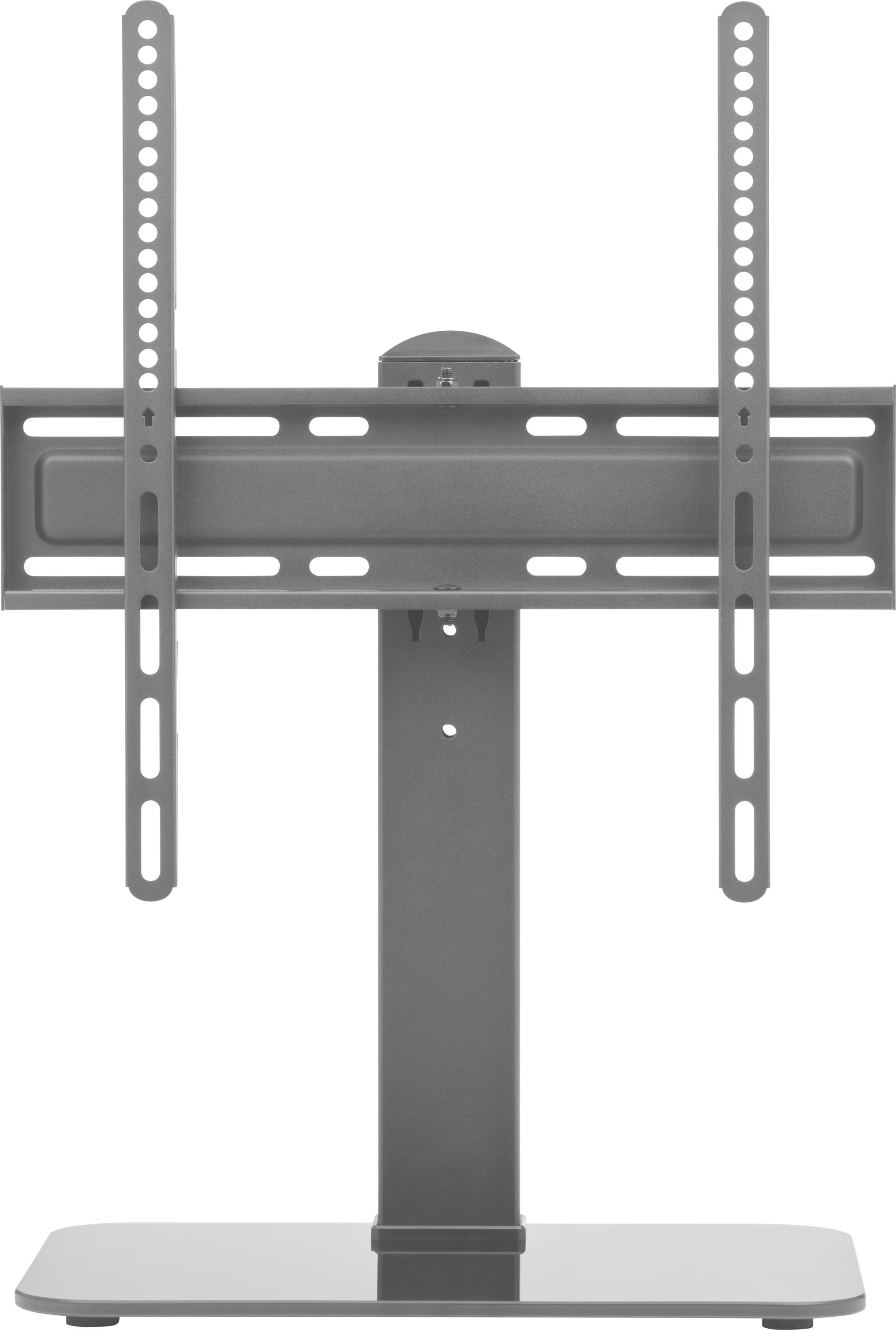 A flat screen TV mount stand with adjustable arms, designed for table-top placement, shown in a vertical position against a white background.