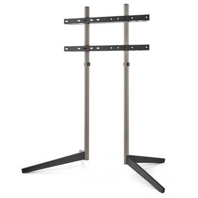 A freestanding TV mount with a minimalist design, featuring two vertical poles and black V-shaped base legs for stability.
