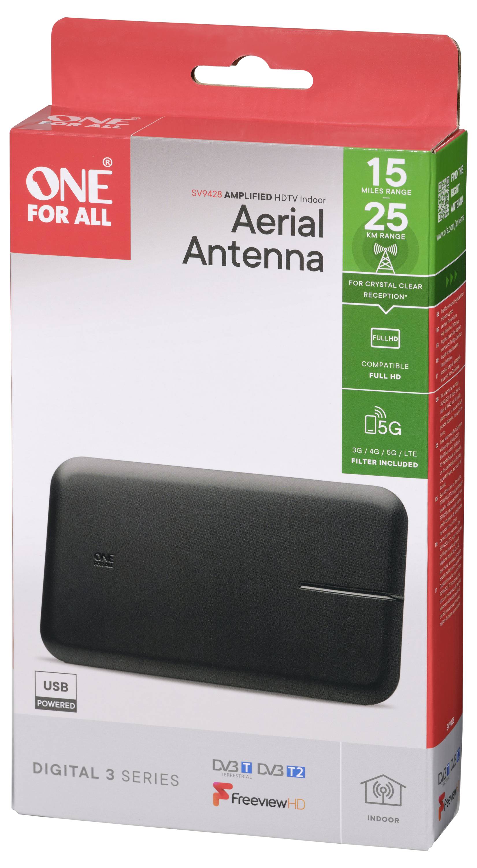 Indoor HDTV aerial antenna package, featuring an amplified antenna for enhanced reception, compatible with DVB-T and DVB-T2, USB powered, with a range of 15 miles.
