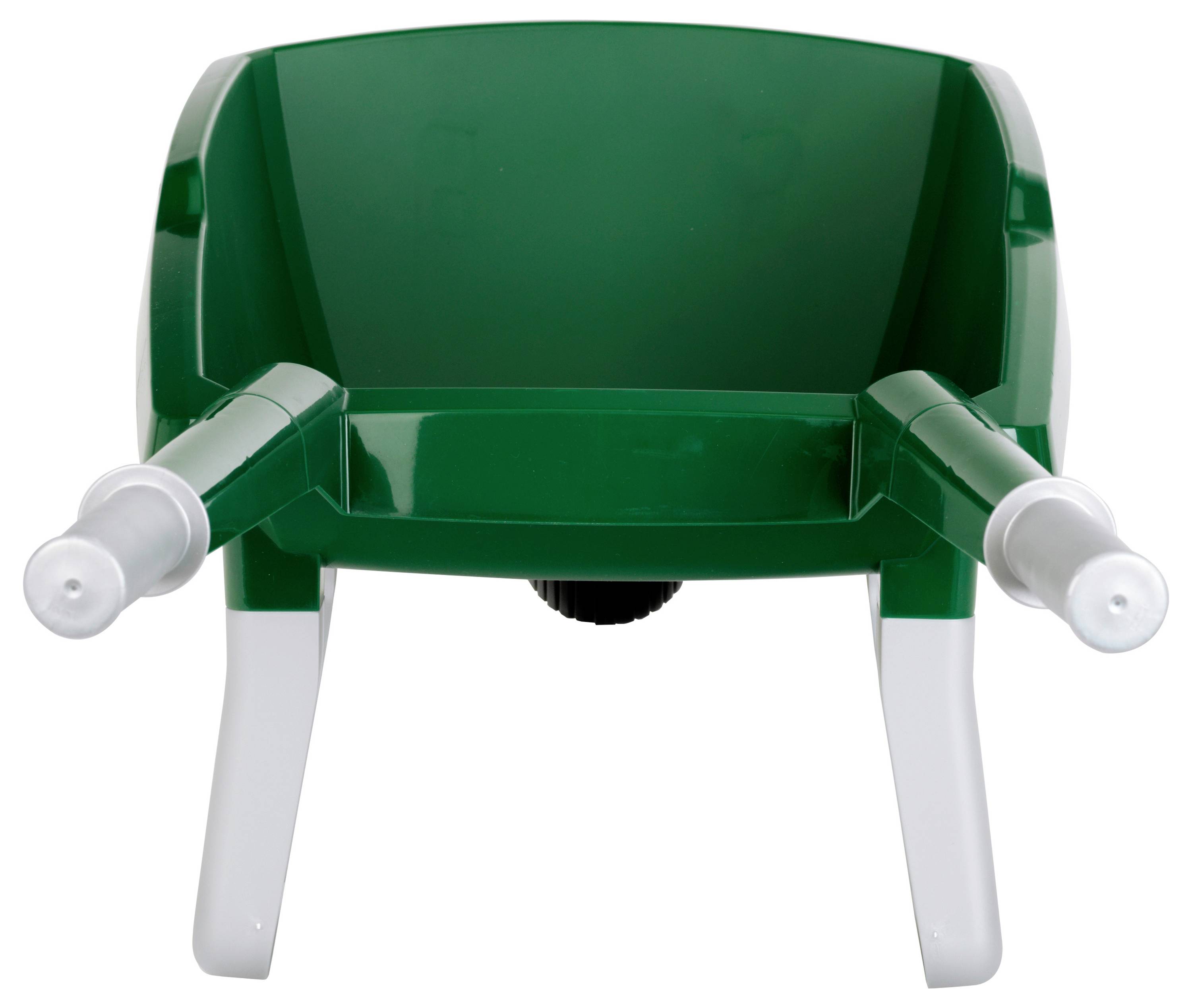 Green and white garden hose trolley with two nozzles extending forward, viewed from the front.