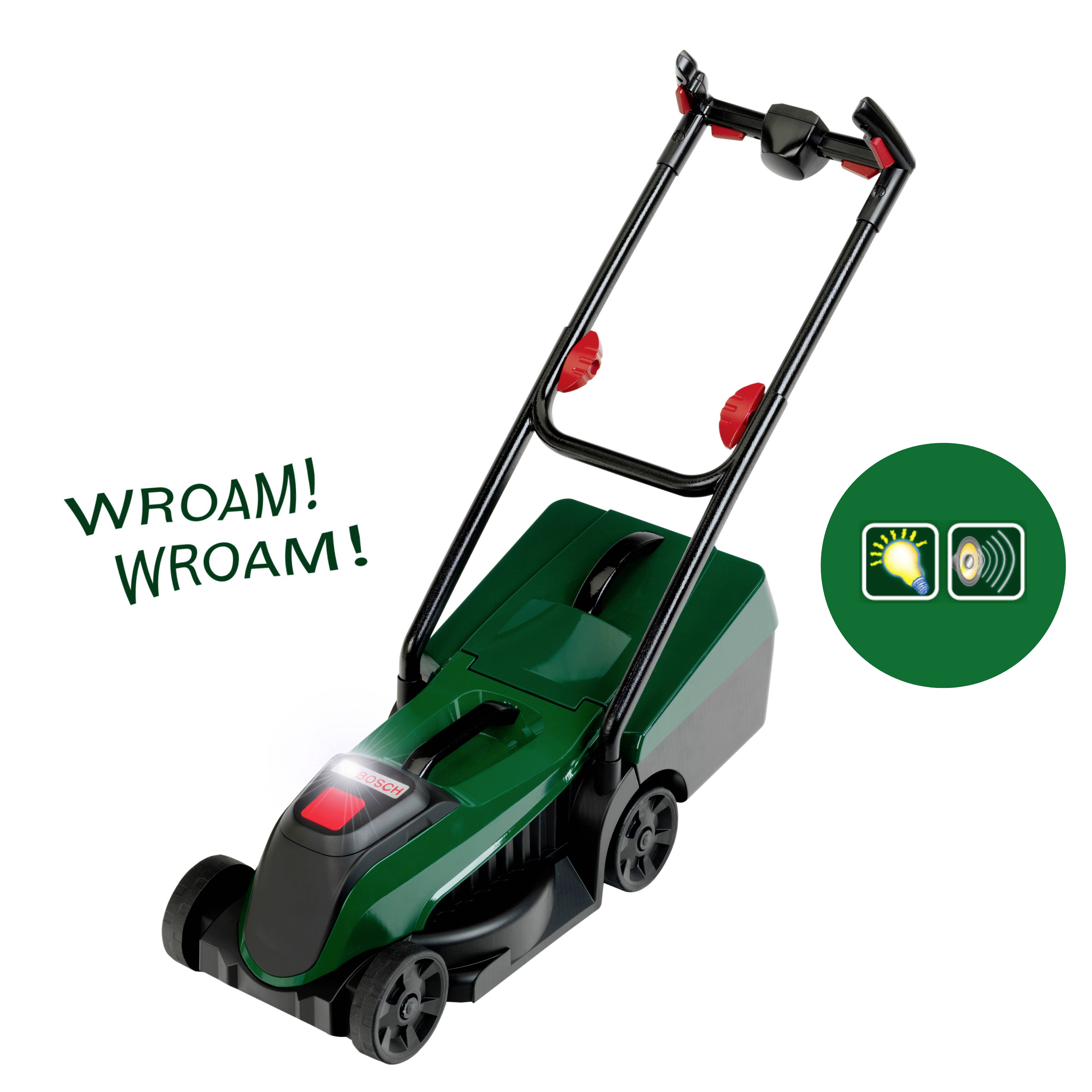 A green lawn mower with black details stands on a white background. A speech bubble reads 'WROAM! WROAM!'. There is an icon of a light and sound wave next to the mower.