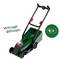 A green lawn mower with black details stands on a white background. A speech bubble reads 'WROAM! WROAM!'. There is an icon of a light and sound wave next to the mower.