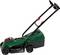 A green lawnmower with a black handle and red accents, designed for grass cutting in small to medium-sized gardens.