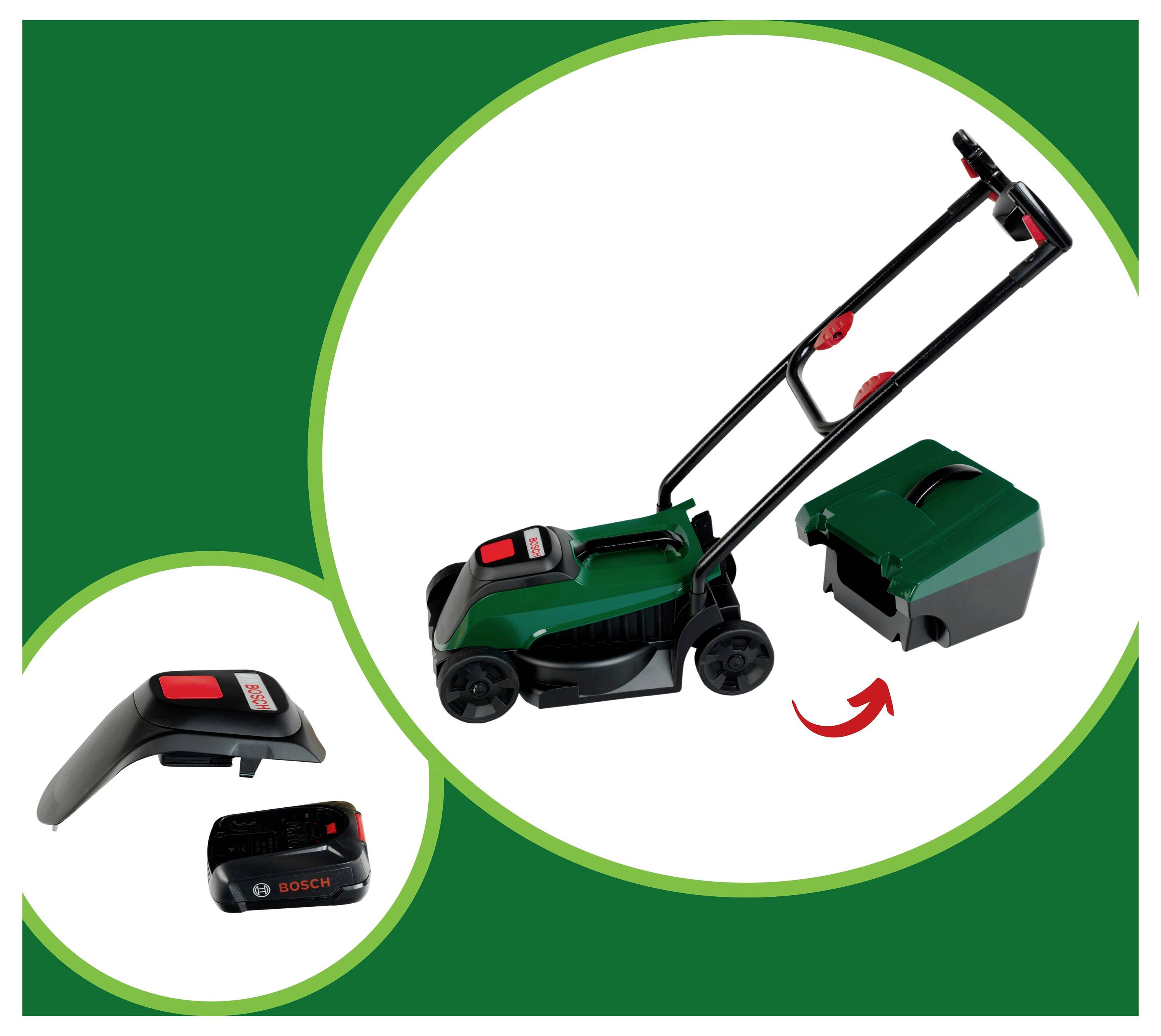 Image of a green and black lawnmower with handle, battery, and collection box. An arrow indicates the attachment of the box.
