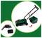Image of a green and black lawnmower with handle, battery, and collection box. An arrow indicates the attachment of the box.