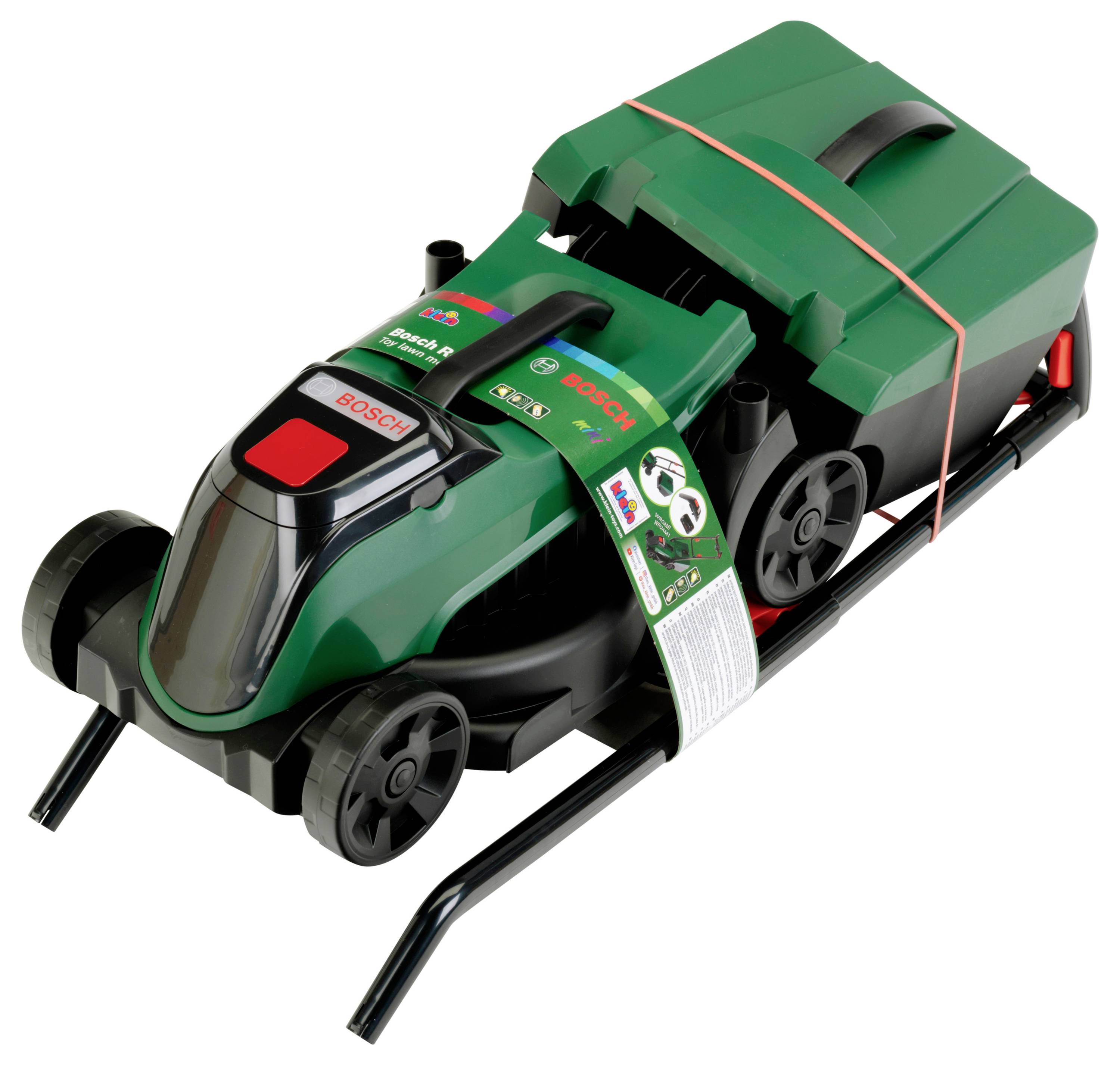A robotic lawn mower from Bosch in a green and black color scheme, displayed on a frame. It features branding and product specifications.