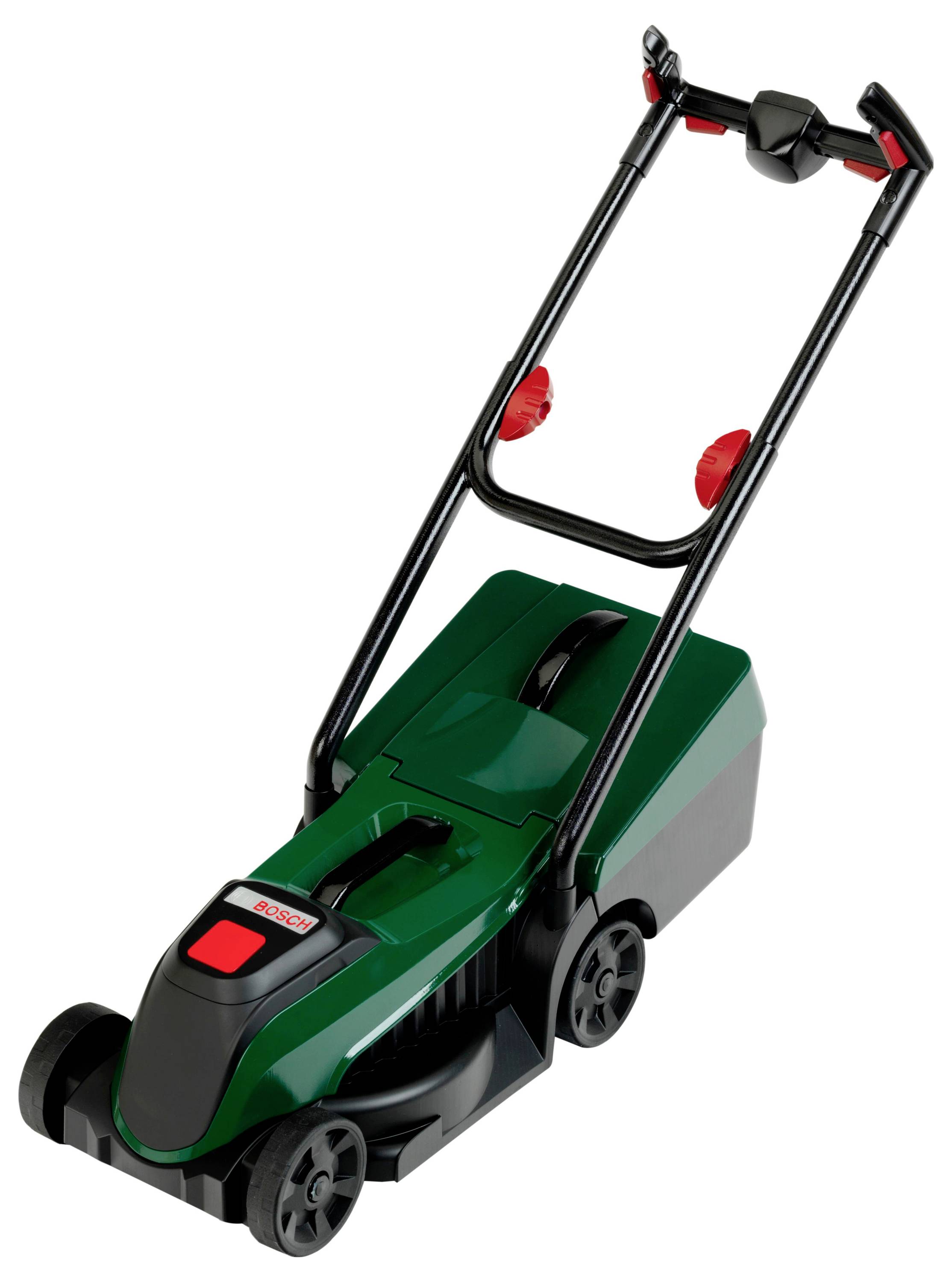 A green and black electric lawnmower with a handle and wheels, designed for cutting grass in residential gardens.