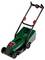 A green and black electric lawnmower with a handle and wheels, designed for cutting grass in residential gardens.