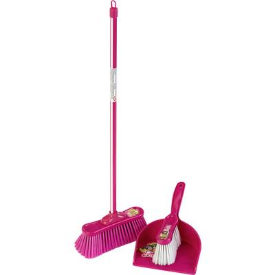 A pink broom set featuring a long-handled broom with bristles and a dustpan with a handheld brush, all in matching pink color.