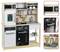 Toy kitchen set with appliances including a stove, oven, fridge, and sink. Includes storage shelves and utensil hangers.