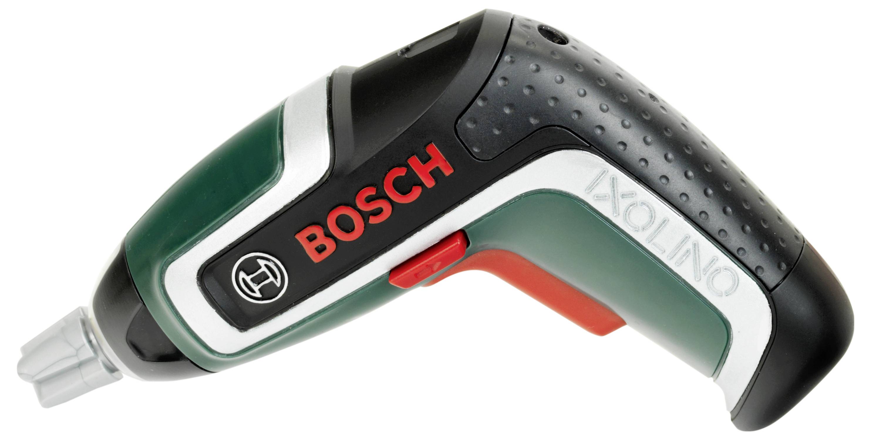 A green and black Bosch Ixolino cordless screwdriver with red label and ergonomic grip, featuring a silver bit on the tip.