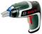 A compact Bosch electric screwdriver with a green and black body, featuring a red power button and a blue-lit tip area.