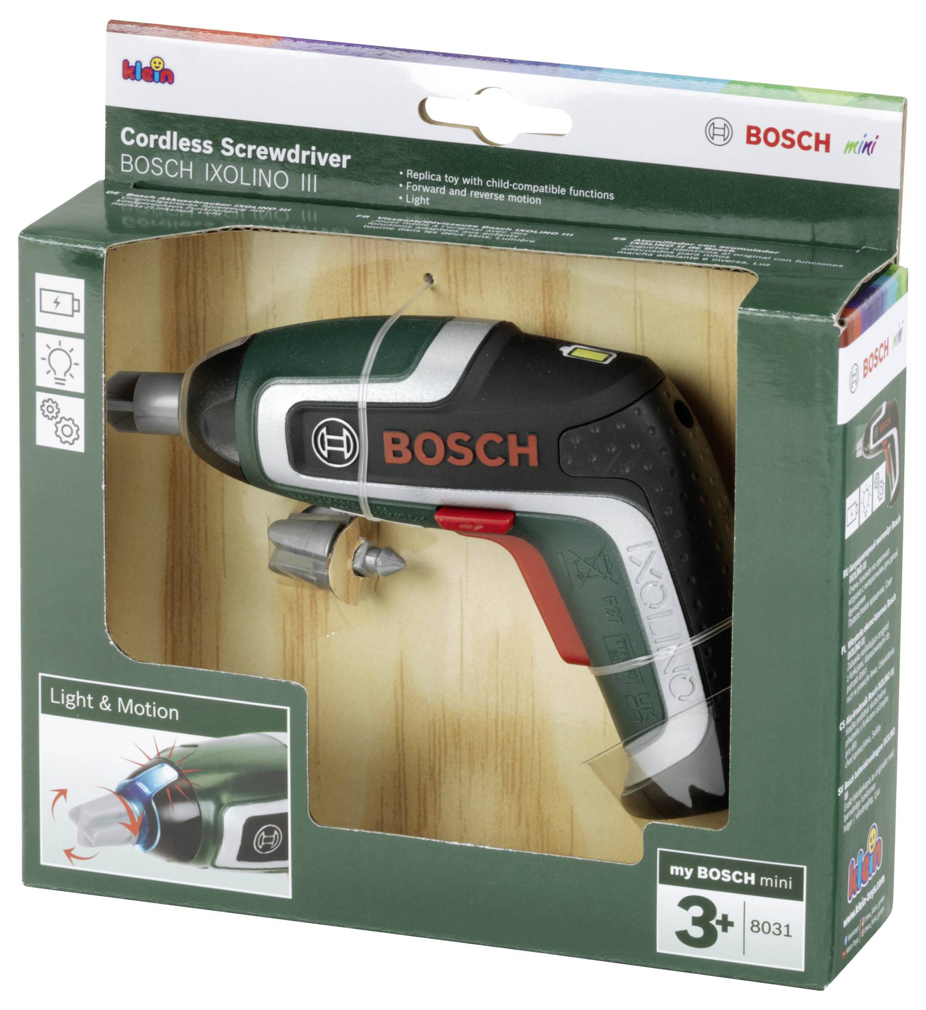 'Bosch' toy cordless screwdriver in packaging, suitable for ages 3+, showing kid-friendly features with light and motion effects.