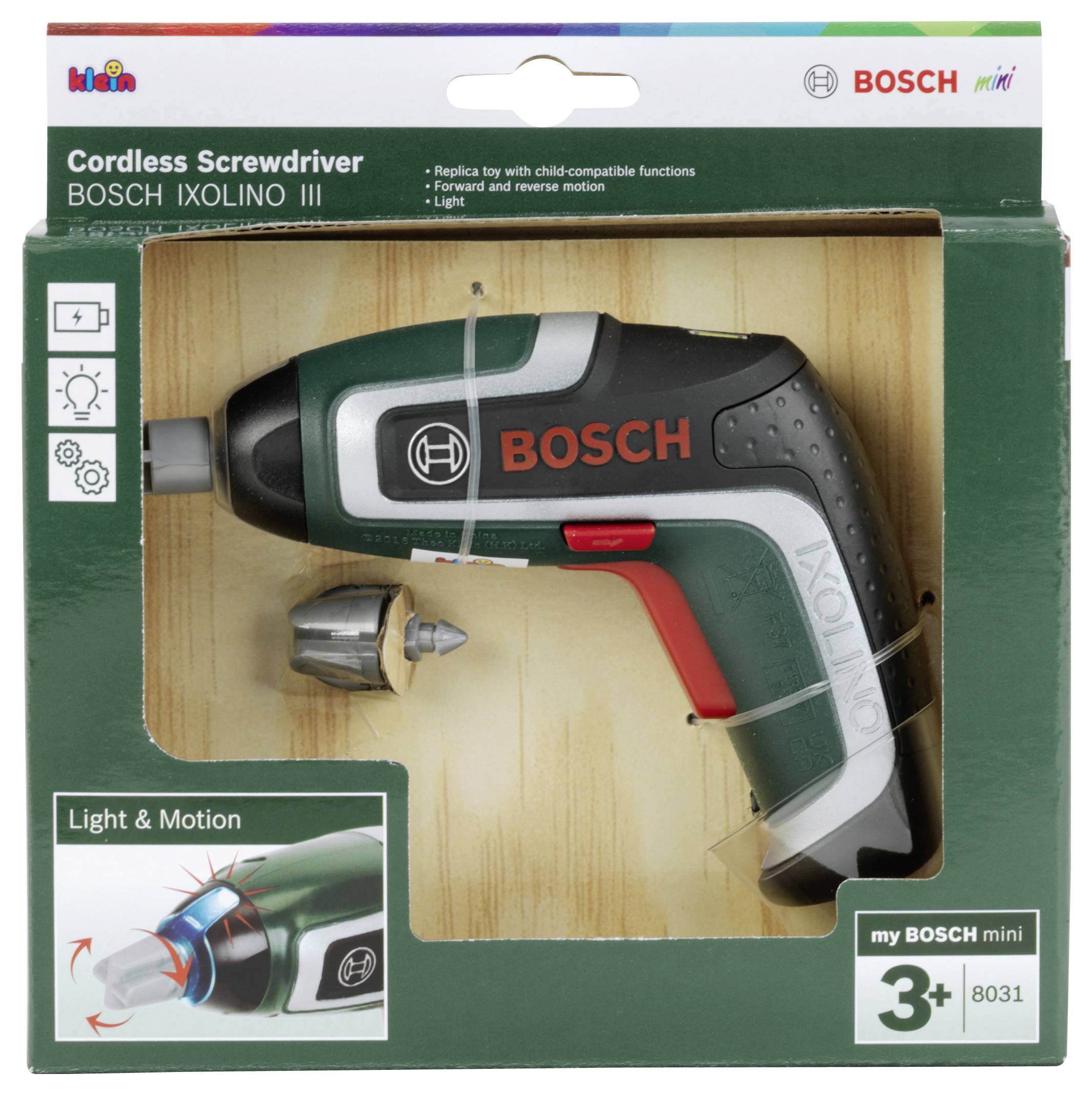 Cordless screwdriver toy for ages 3+, with child-safe functions. Includes screwdriver and attachment. Packaged in Bosch-themed box.