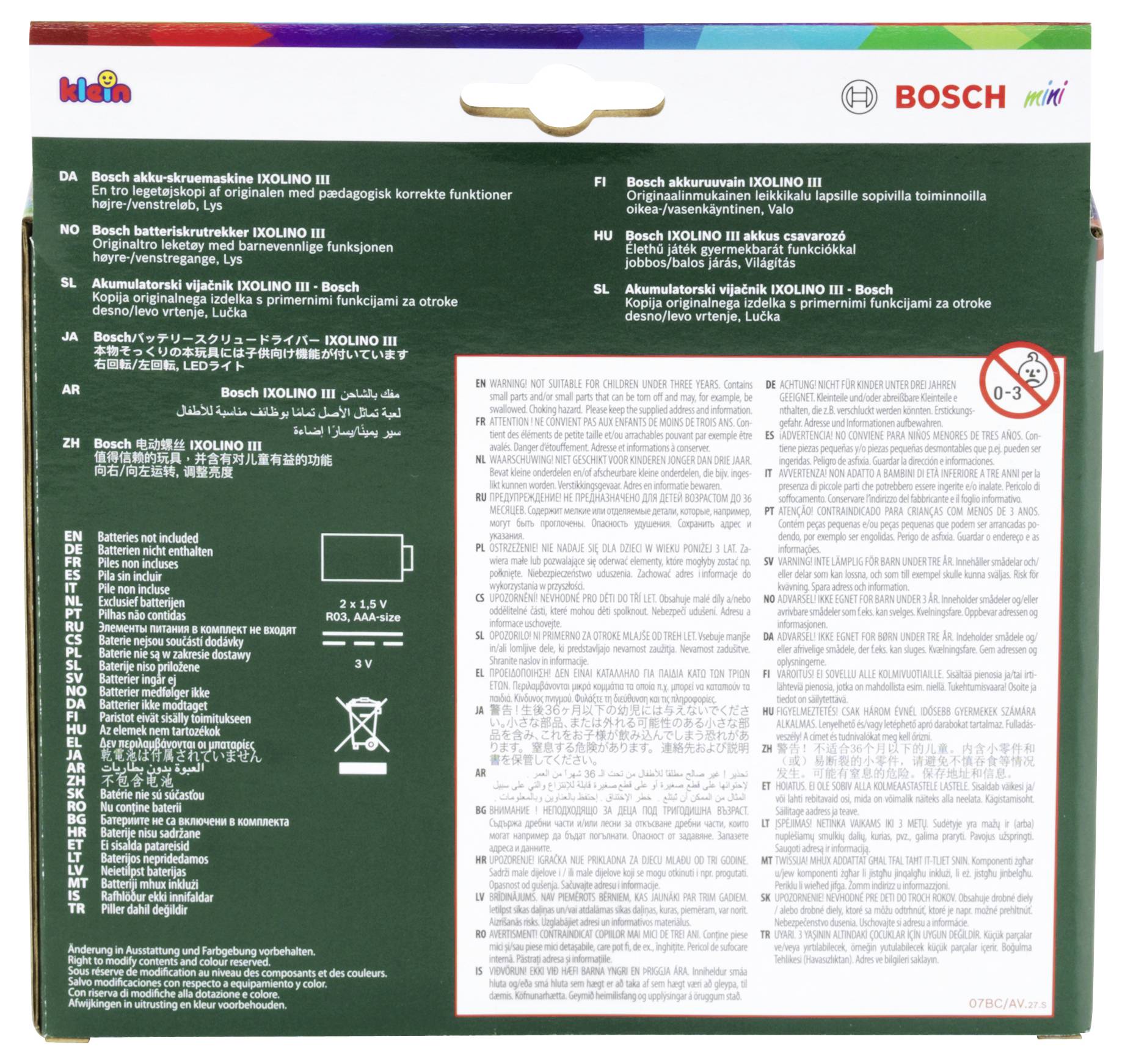 'Bosch' brand packaging shows multilingual text describing product details and warnings, featuring a red symbol indicating age 0-3 restriction.