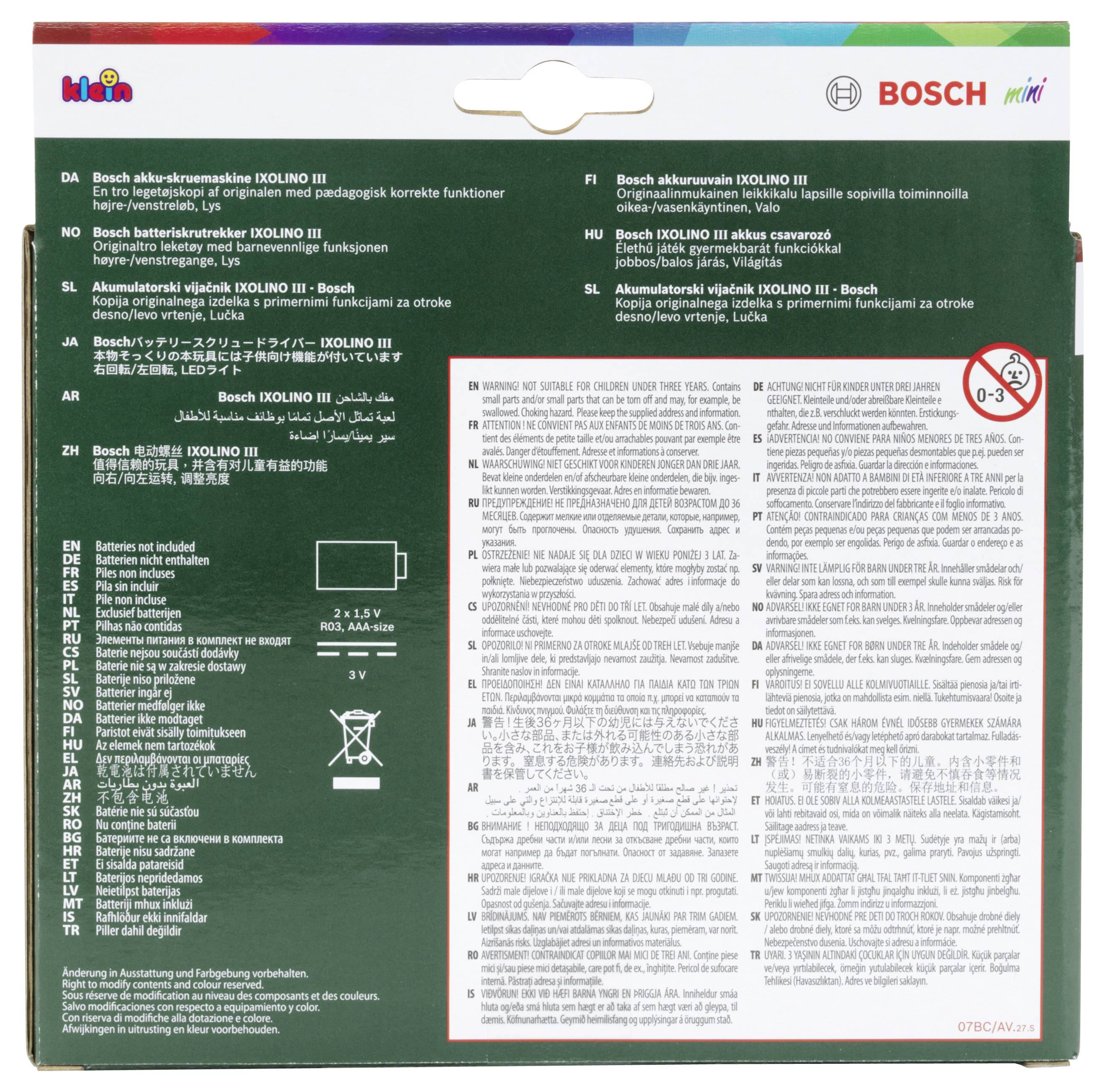 'Bosch' branding and instructions in multiple languages on a product packaging box. Warnings include no button cells for children under 3.