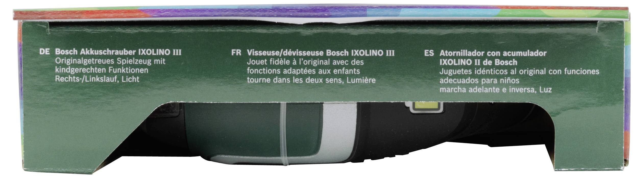 Packaging for a toy tool featuring text in German, French, and Spanish. The text describes the toy as adapted for children's use.