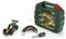 Toy tool set with green and red plastic case, mini toy car, drill, screwdriver, and bits. Designed for imaginative play.