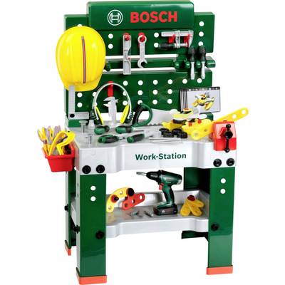 Toy workbench with tools, featuring a hammer, wrench, screwdriver, saw, and a yellow hard hat. Branded 'Bosch' with a green and red color scheme.