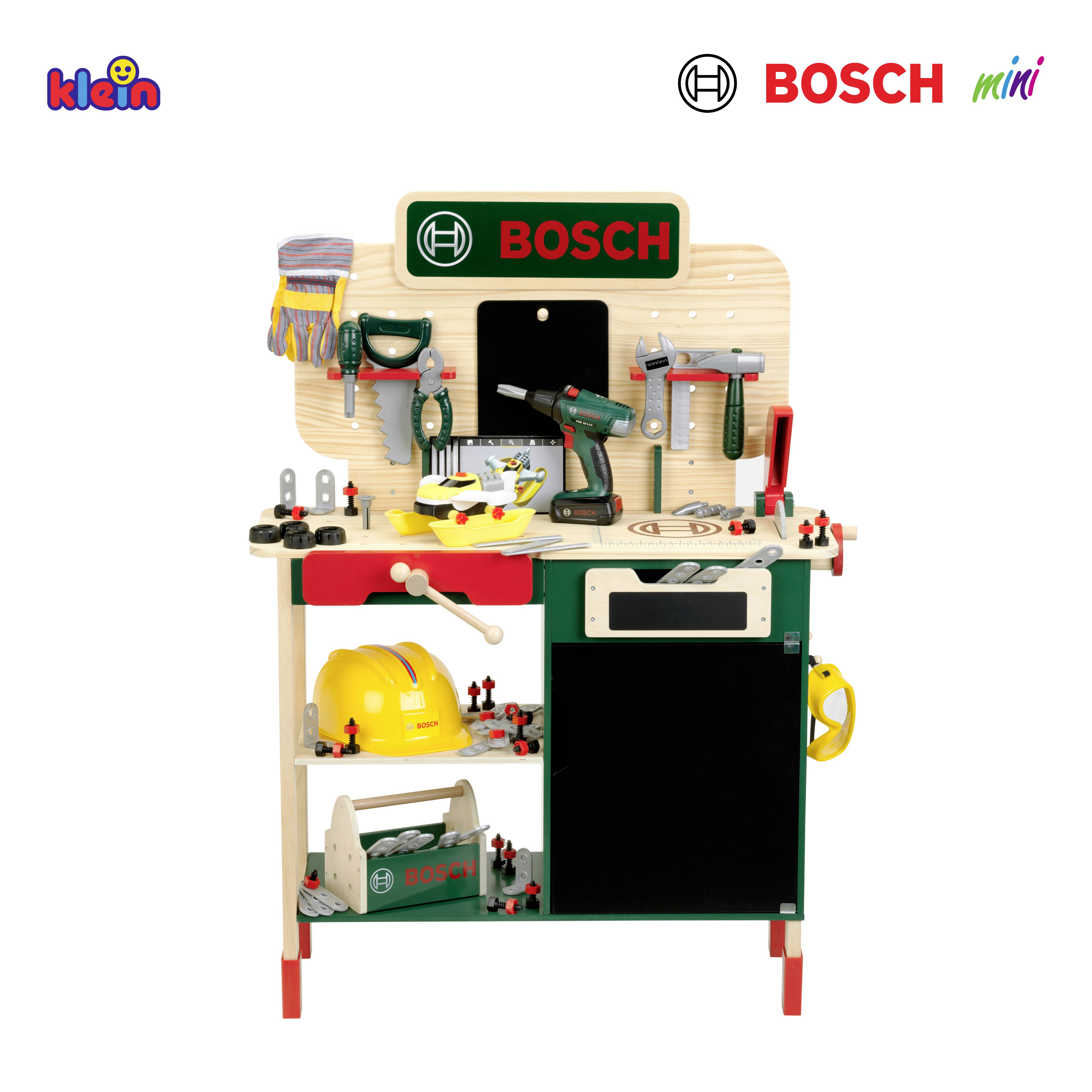 Toy workbench with Bosch branding, featuring tools like a saw, drill, and vise. Designed for children's imaginative play.