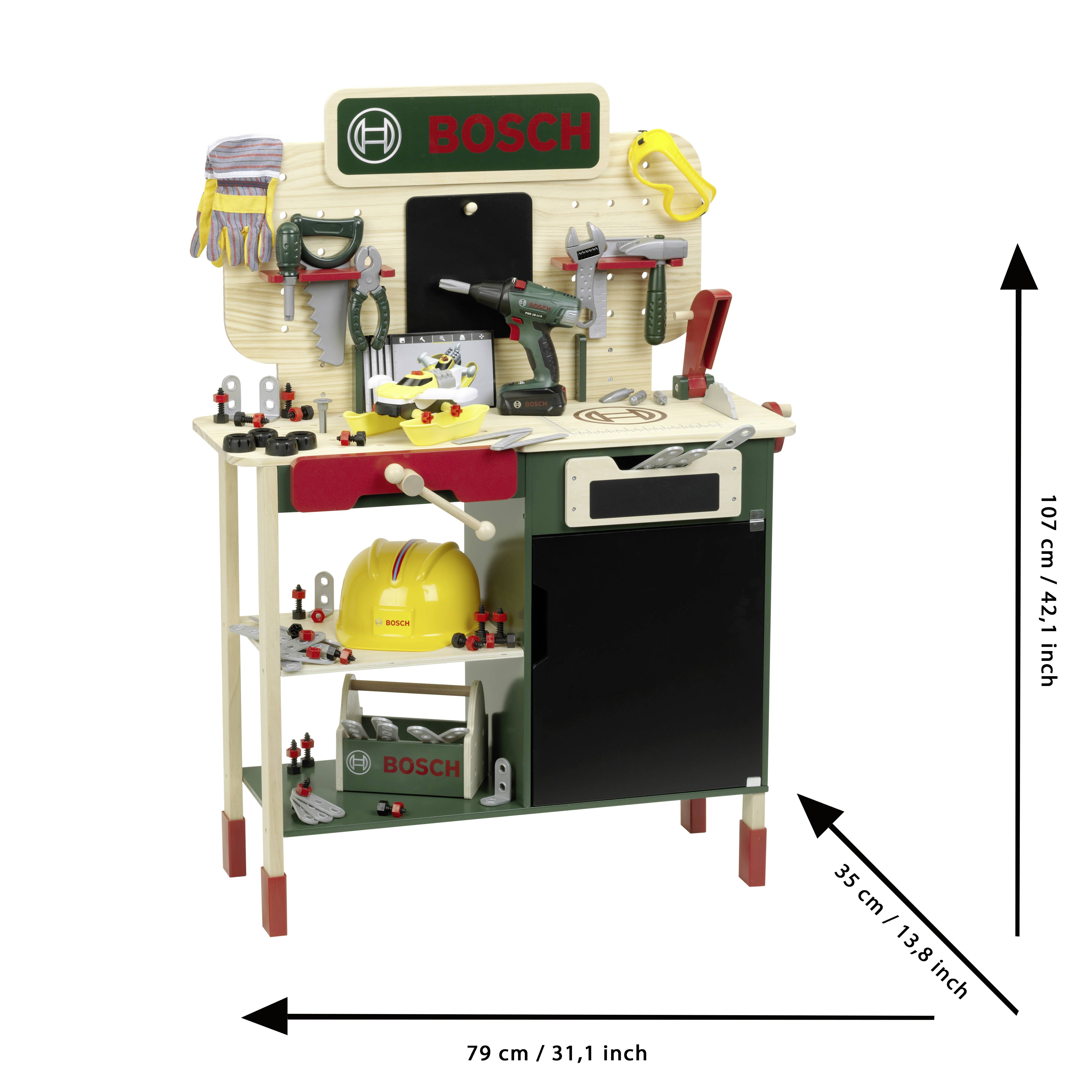 Children's workbench toy with tools, accessories, and a Bosch label. Includes hammer, saw, vice, drill, and hard hat. Measurements: 79 cm wide, 35 cm deep, 107 cm tall.