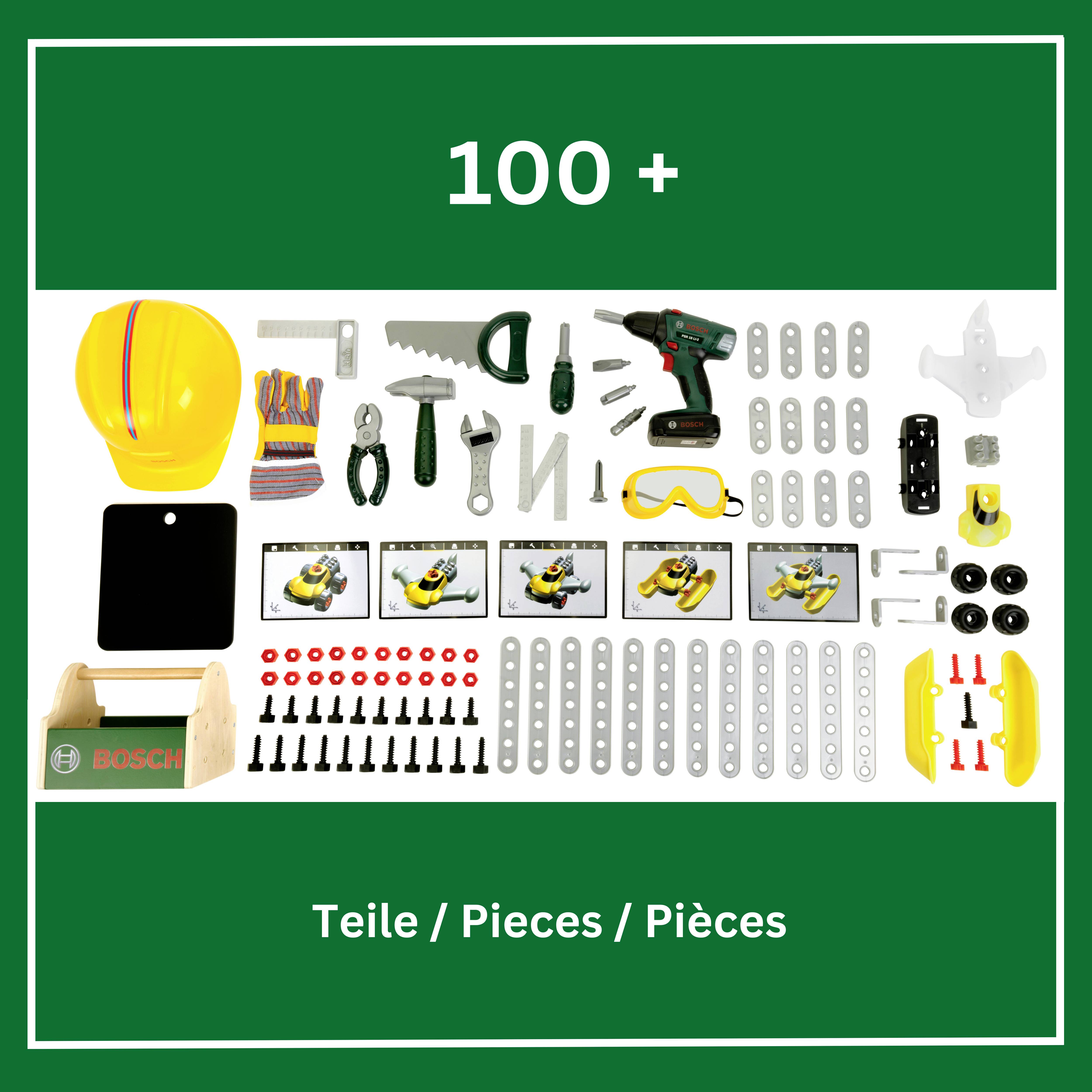 'Kids construction play set with 100+ pieces includes tools, safety gear, and parts for building models. Multi-language label: Teile / Pieces / Pièces.'