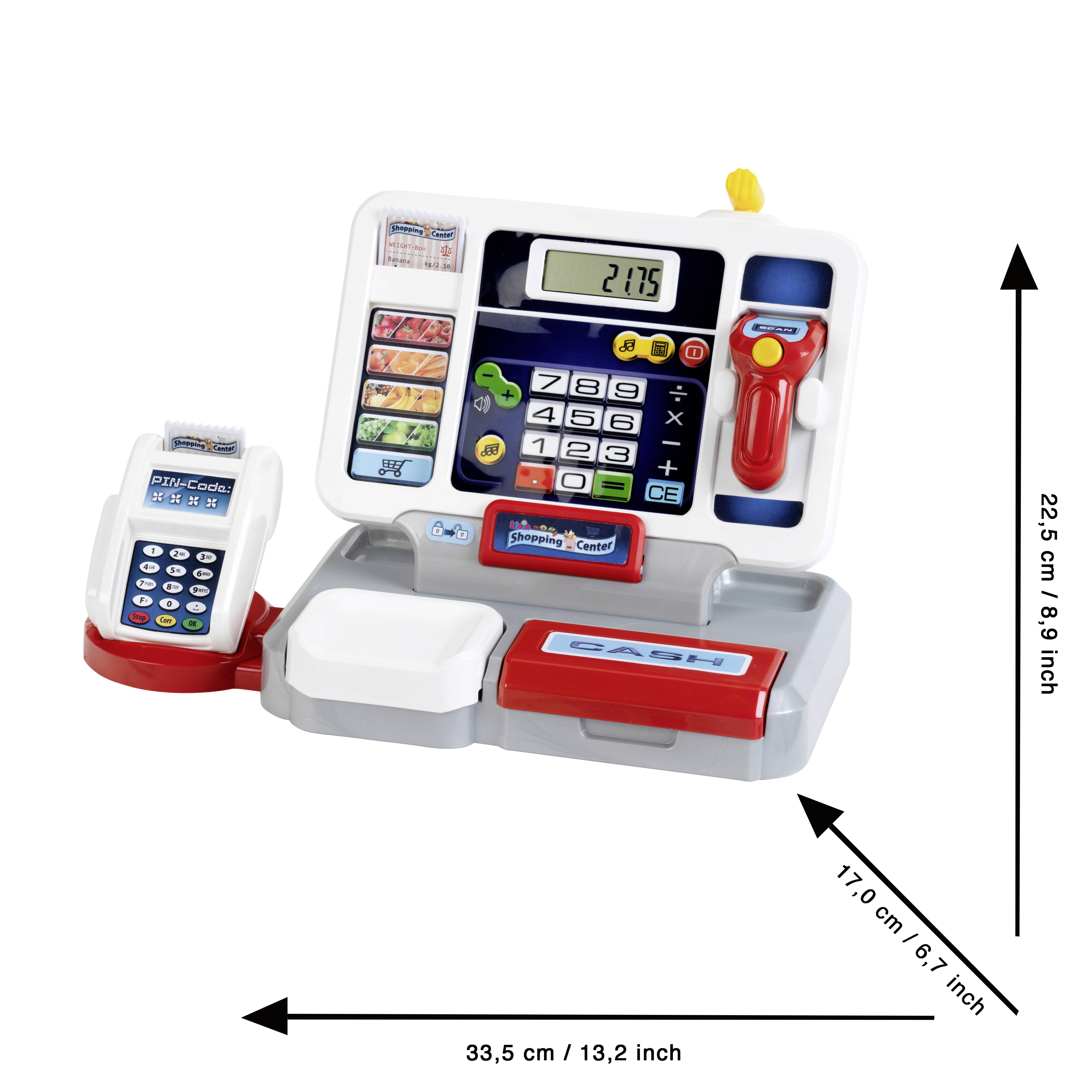 'Toy cash register set with digital screen, card reader, buttons, and scanner, dimensions: 33.5 cm x 17 cm x 22.5 cm.'