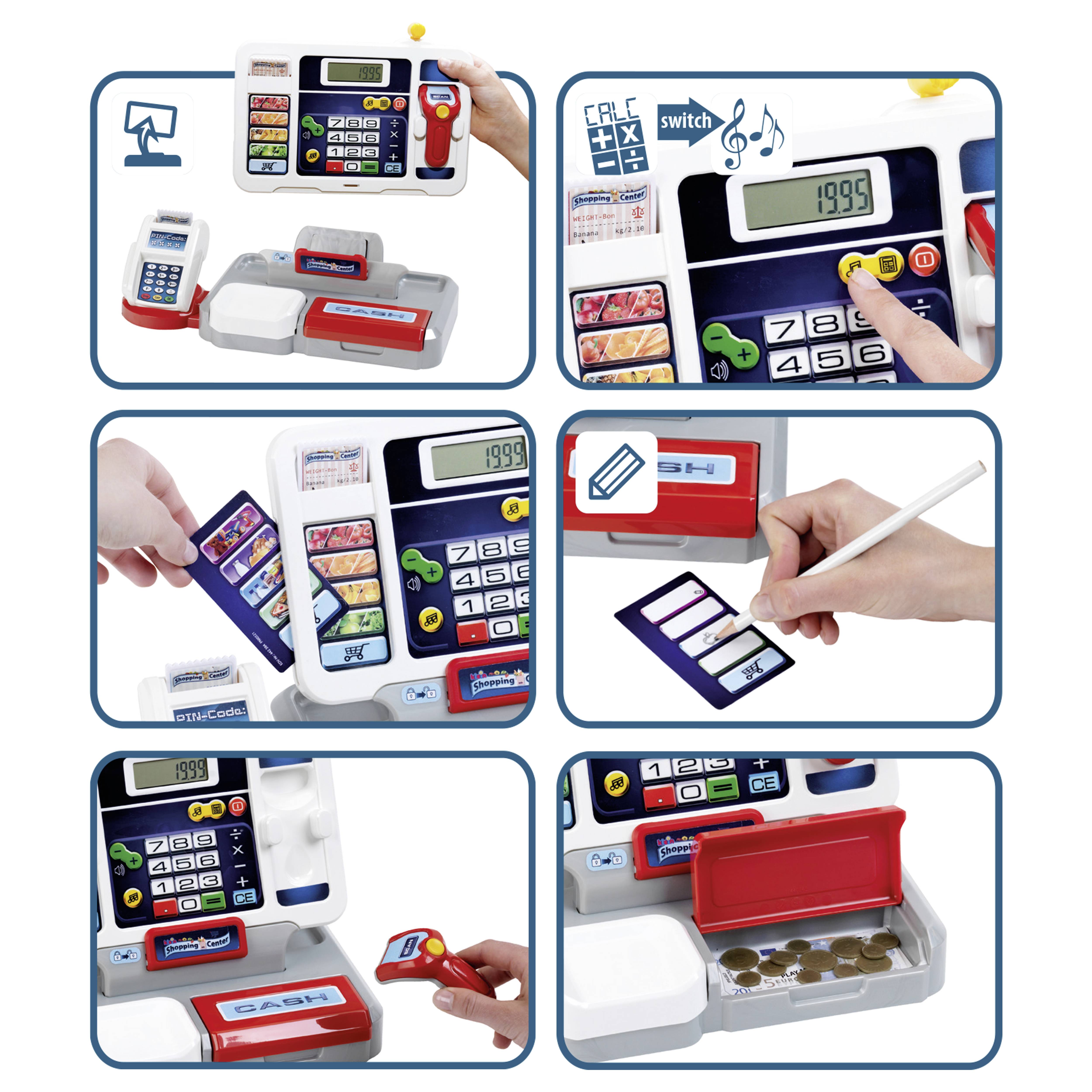 'Children's toy cash register with scanner, card, and coin slots shown in use, promoting imaginative play with numbers and transactions.'