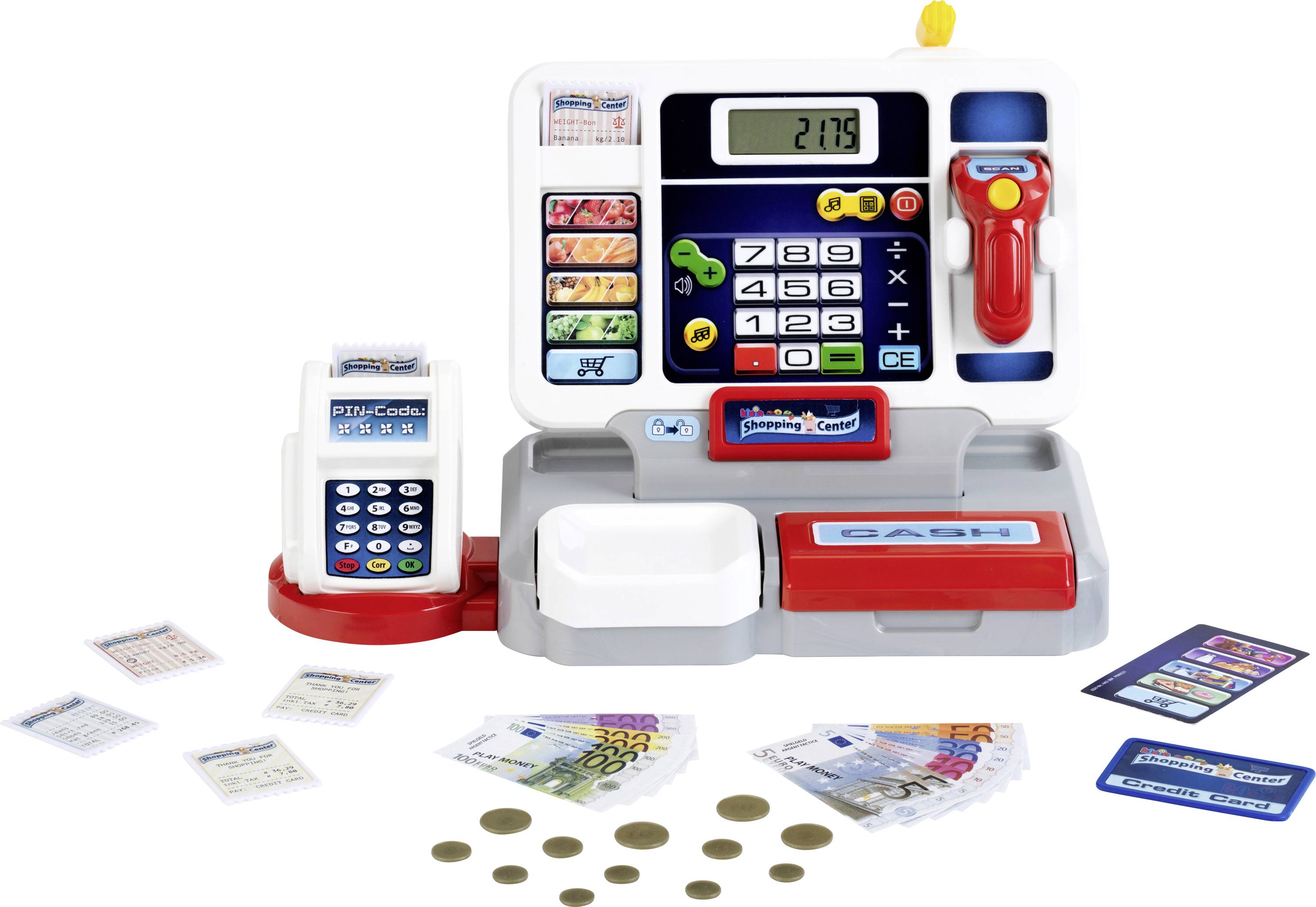 Toy cash register with buttons, scanner, play money, and credit card reader, designed for pretend play and learning basic money skills.
