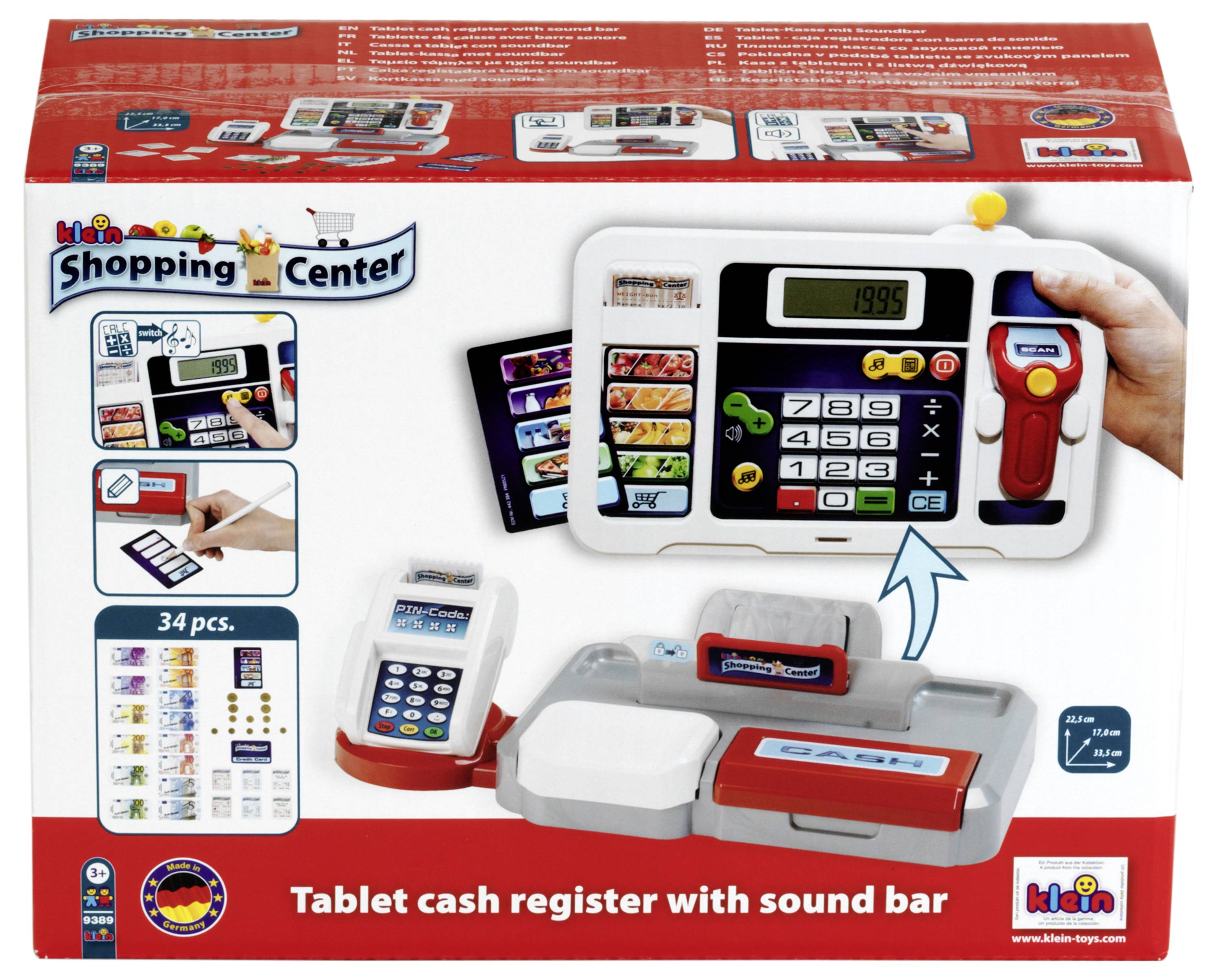 'Tablet cash register with sound bar, 34 pcs' packaging shows a toy register with buttons, screen, scanner, play money, and cards.