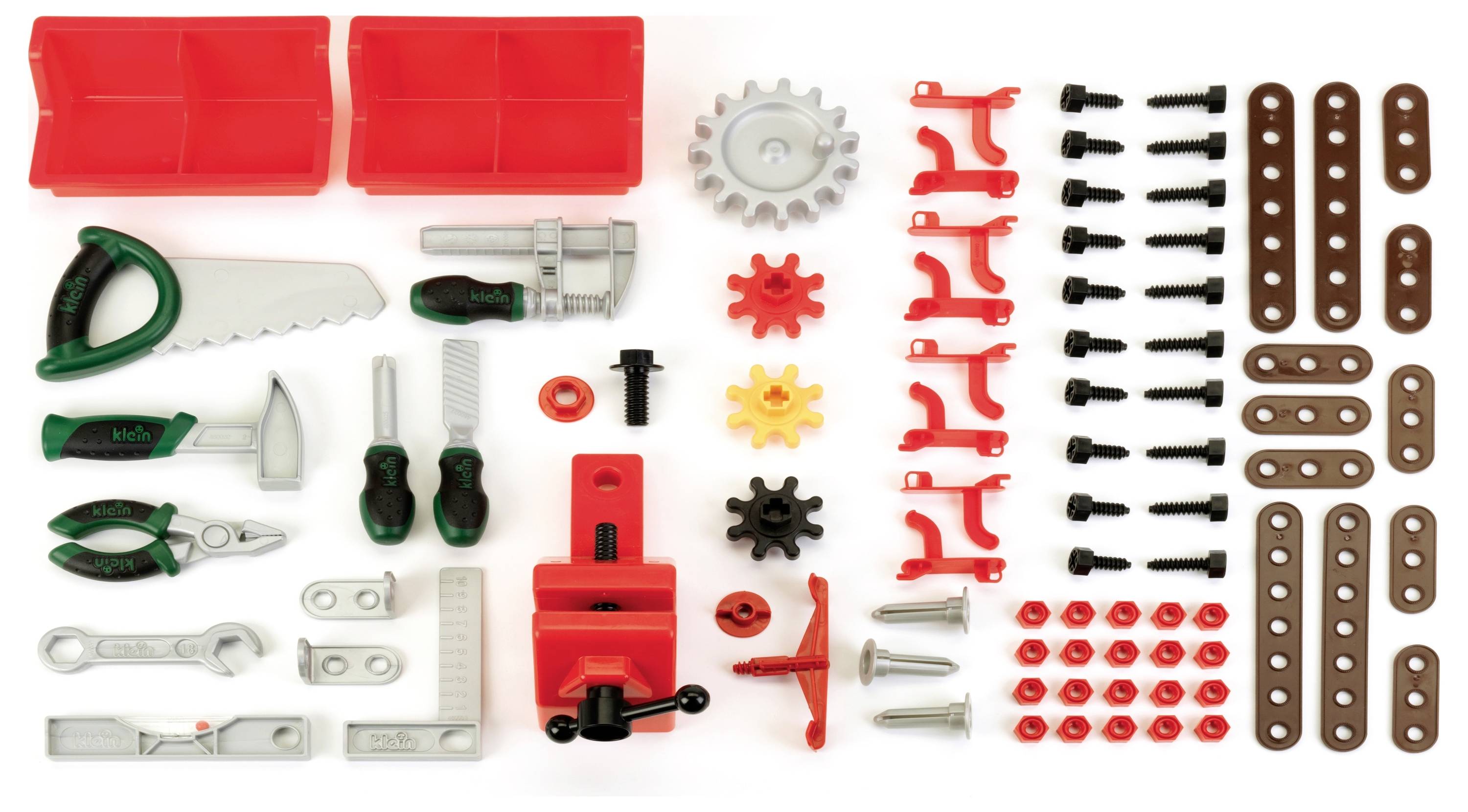 Kids' tool and assembly set with red storage trays, various plastic tools, screws, nuts, gears, and connectors, arranged neatly.