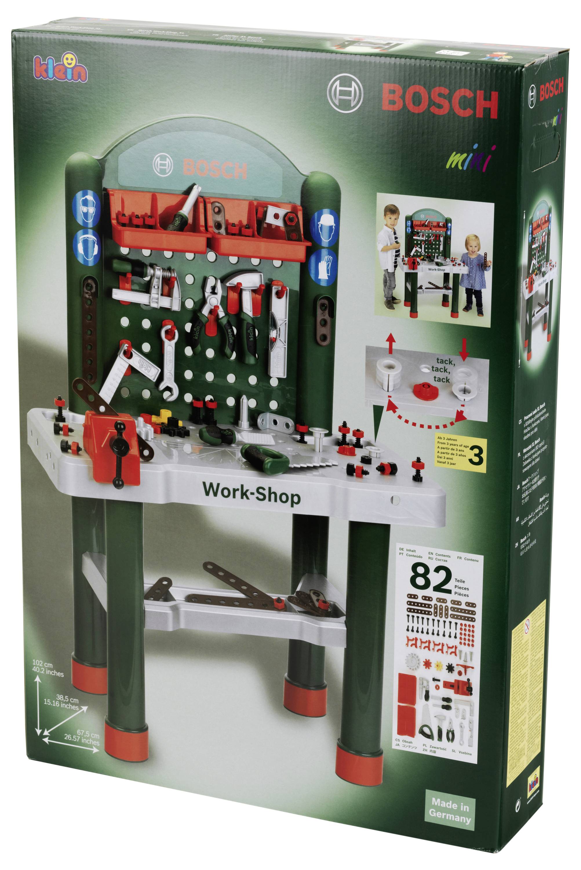 Children's toy workshop set in a box. Features workbench, tools, and accessories. Box highlights '82 pieces' and 'Bosch mini'. Suitable for ages 3 and up.