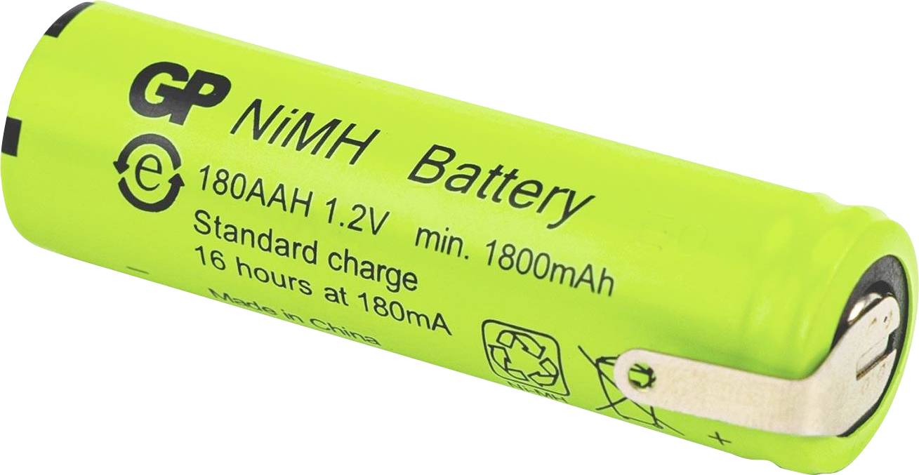 A green NiMH rechargeable battery marked 'GP 180AAH 1.2V, 1800mAh', with recycling symbols and a metal contact strip on one end.