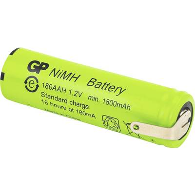 A green NiMH rechargeable battery marked 'GP 180AAH 1.2V, 1800mAh', with recycling symbols and a metal contact strip on one end.