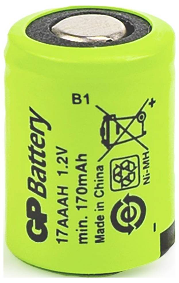 A bright green battery labeled 'GP Battery 1.2V 17AAA 170mAh, Ni-MH, Made in China' with recycling and disposal symbols.