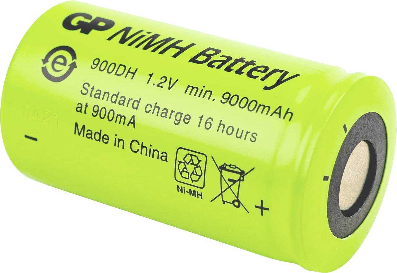A bright green GP NiMH battery labeled '900DH 1.2V min 9000mAh', 'Standard charge 16 hours at 900mA', 'Made in China', with recycling symbols.