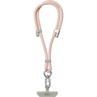 A pink lanyard with silver clips and a clasp.