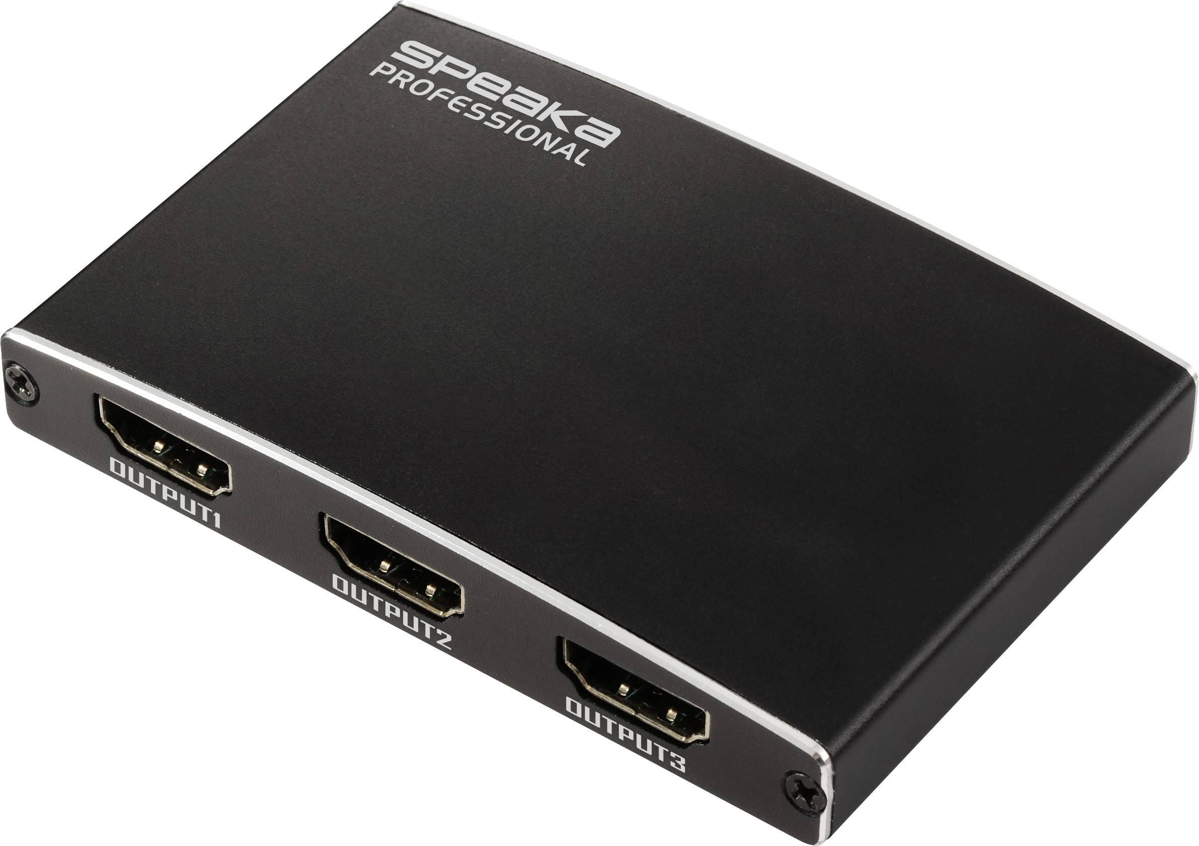 A black HDMI splitter with three output ports labeled 'OUTPUT1', 'OUTPUT2', and 'OUTPUT3', and 'SPEAKA PROFESSIONAL' on top.