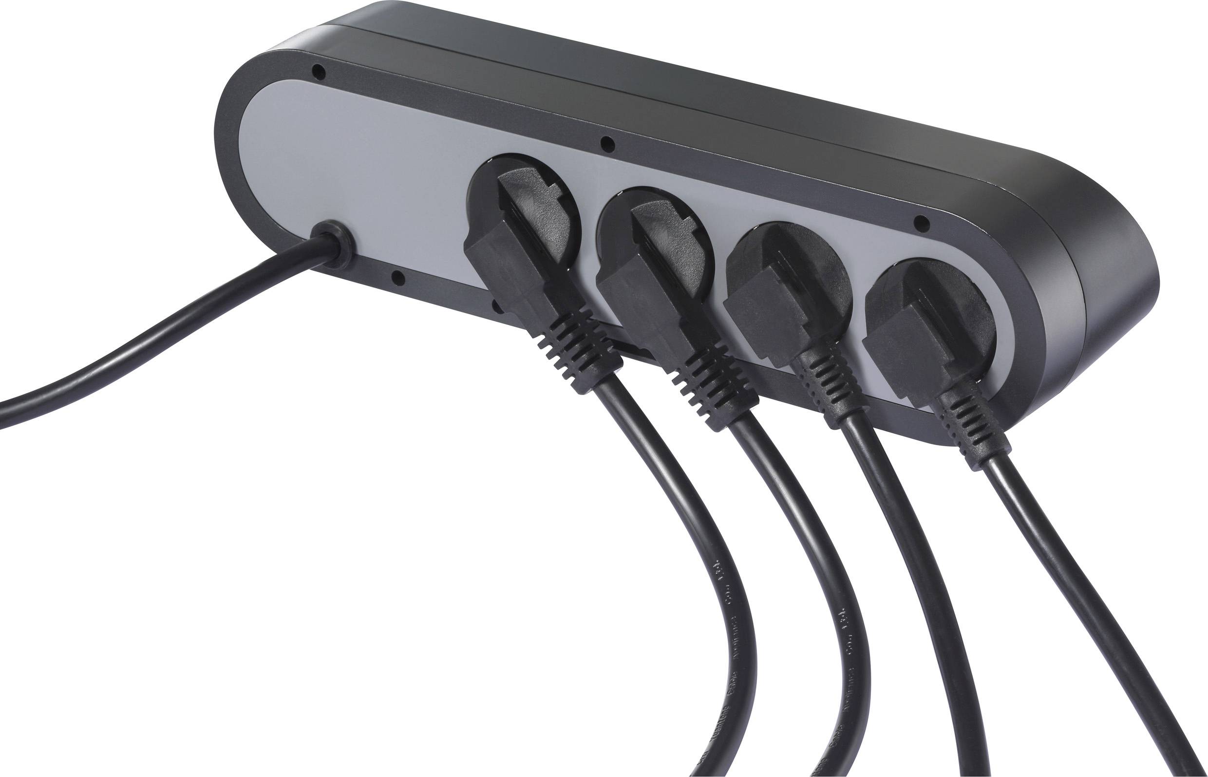 A black power strip with four plugged-in cables, showing a compact design suitable for organizing multiple electronic devices.