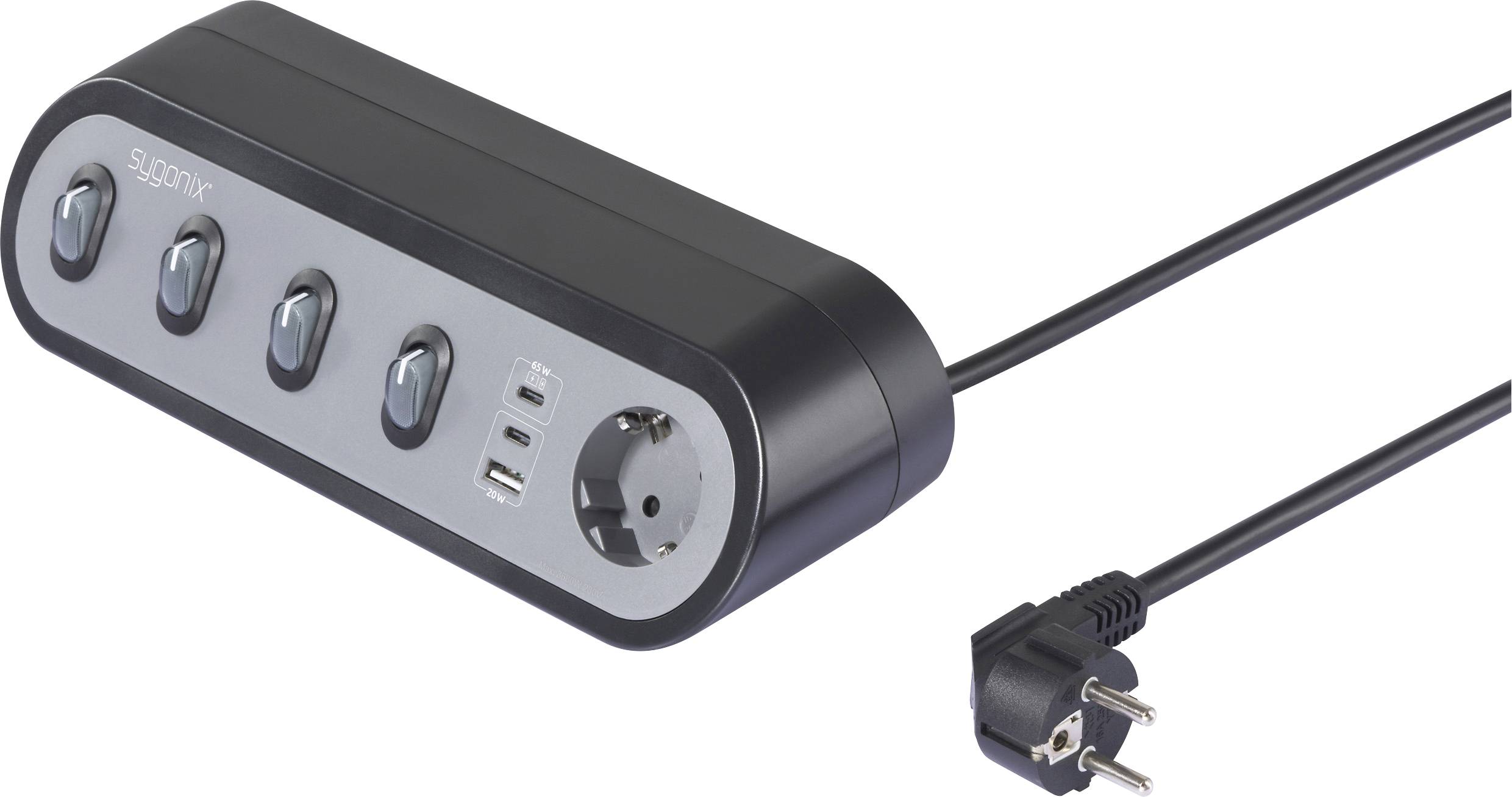 A black power strip with four individual switches, a power socket, two USB ports, and a plug.