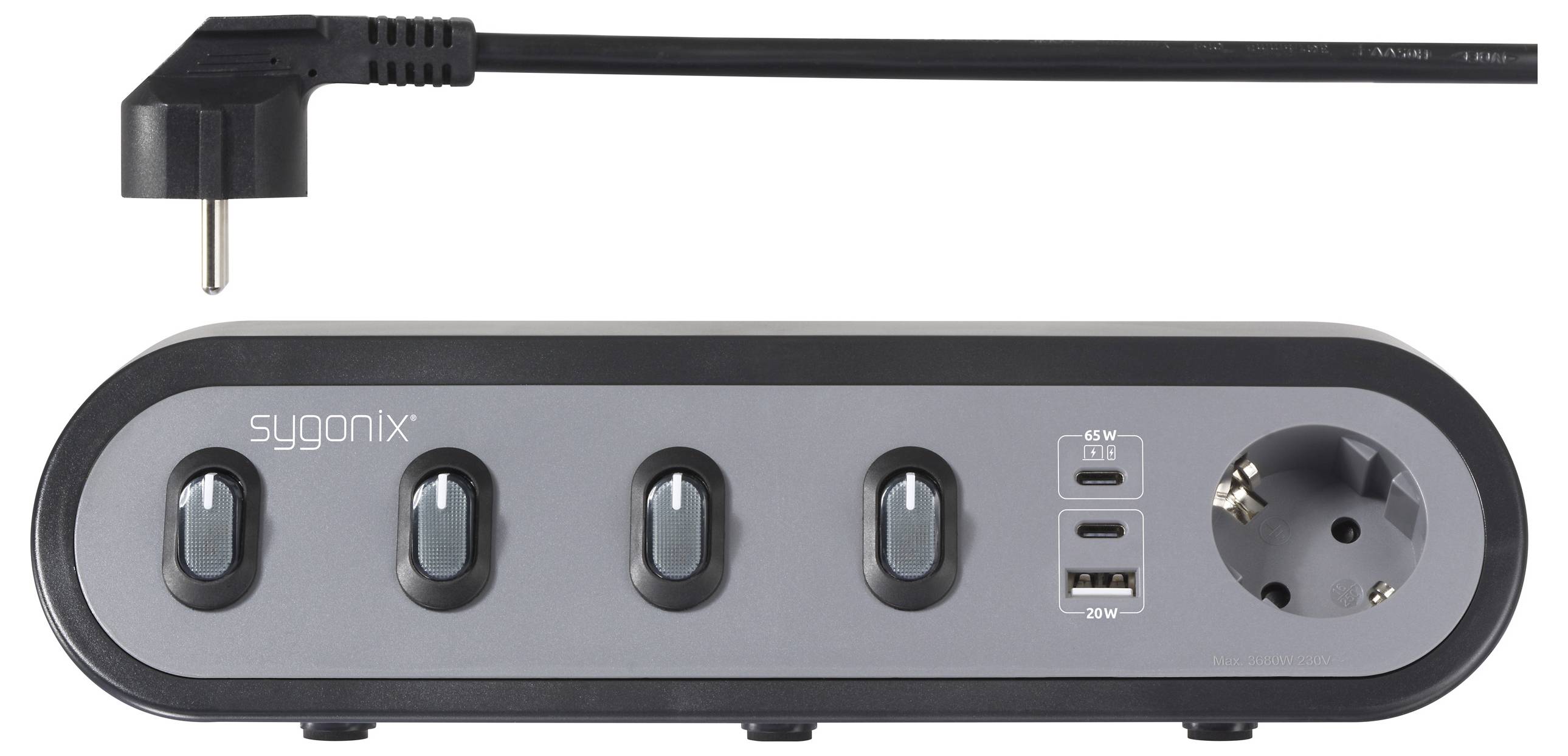 A power strip with four switches, two USB ports, and one power socket. The plug is attached to the strip by a cord.