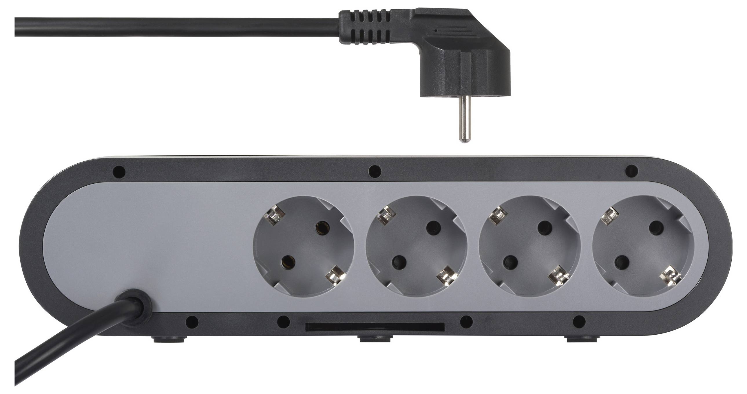 A four-socket power strip with a connected black power cord and plug, positioned for easy access and use.