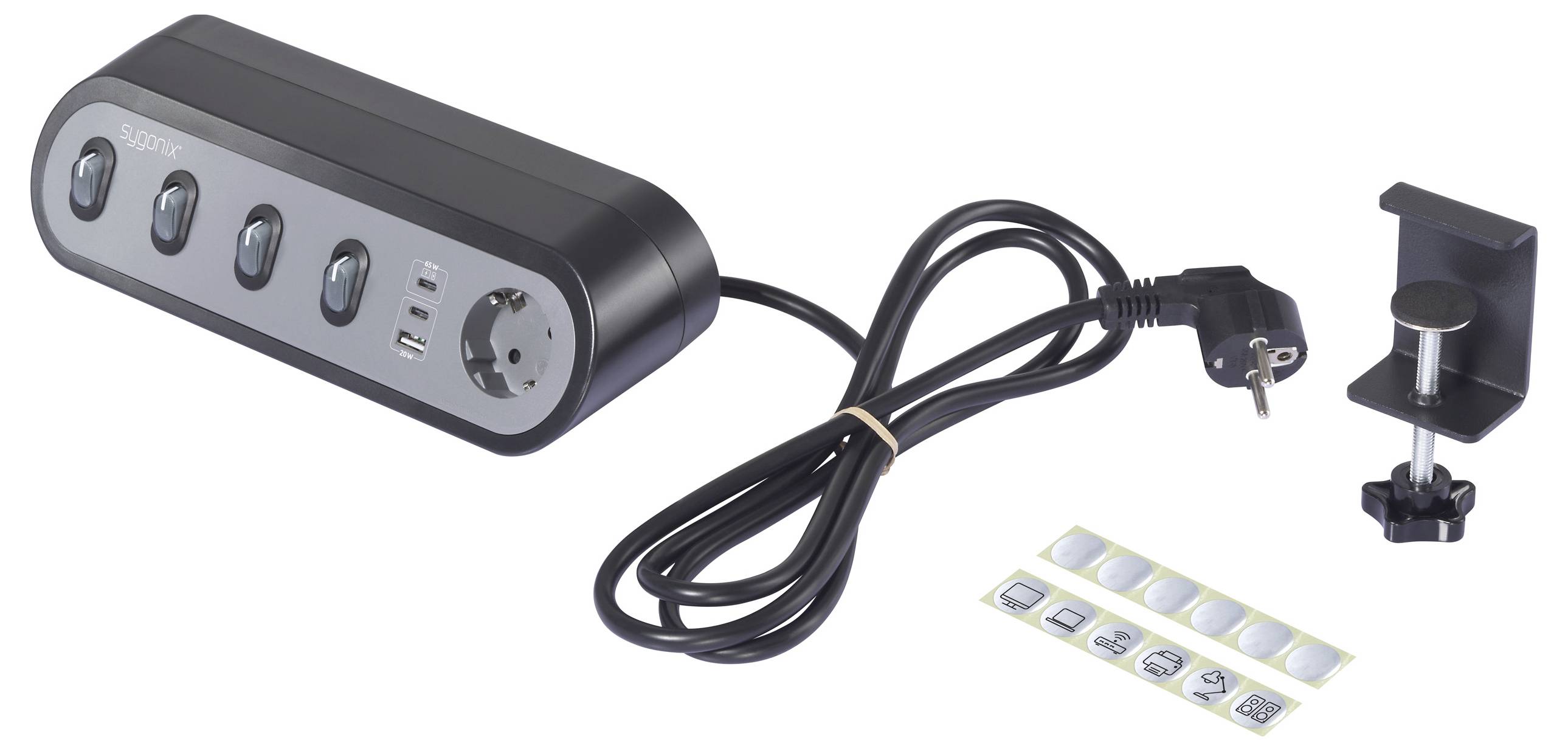'Power strip with three outlets, USB port, European plug, and mounting bracket. Includes adhesive labels for customization.'