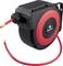 Retractable red air hose reel with black casing mounted on a wall bracket, suitable for organizing and storing pneumatic hoses.