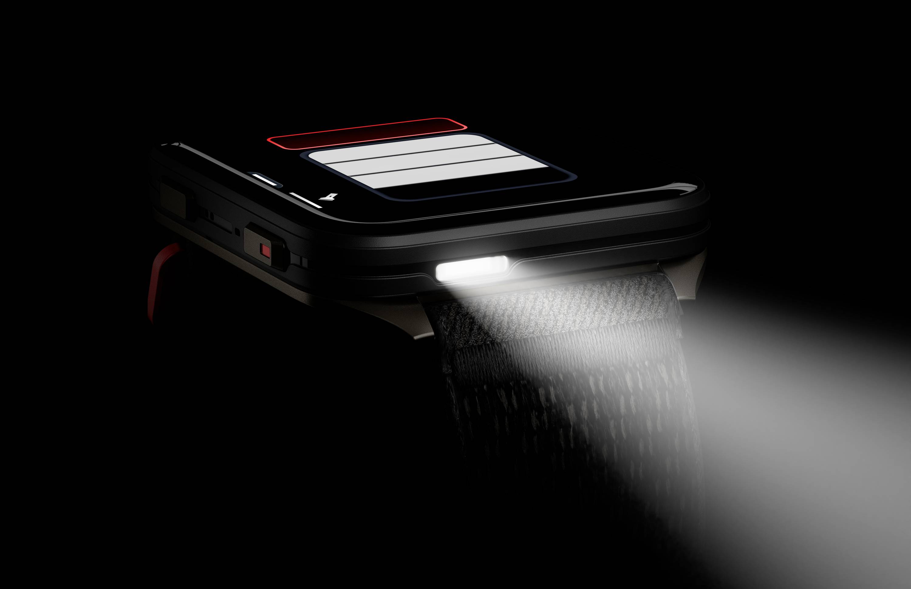 A smartwatch with an illuminated screen and flashlight pointing downwards, highlighting a textured surface in a dark environment.