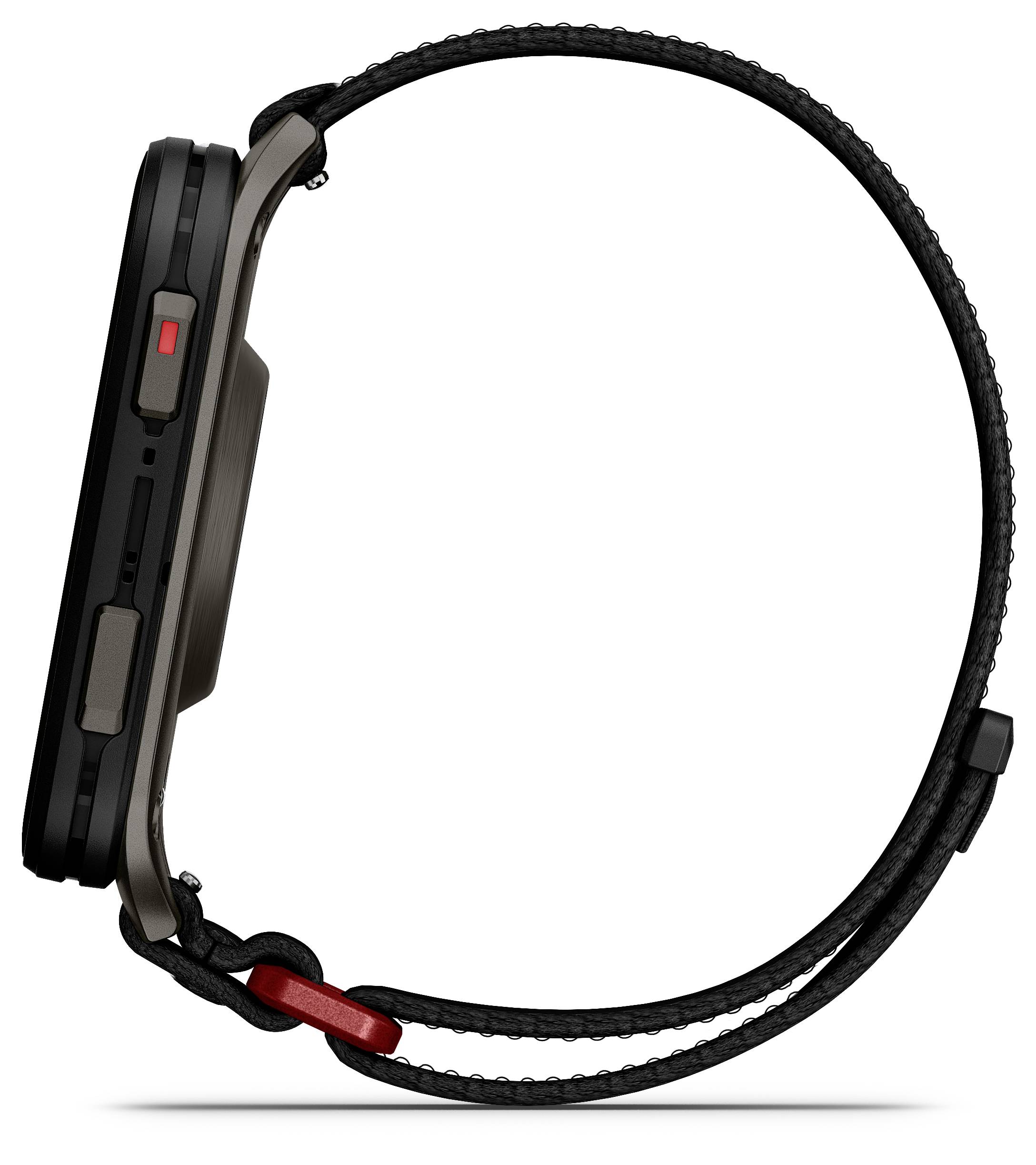 A profile view of a smartwatch with a leather strap, showing side buttons and a red accent, highlighting its sleek and modern design.