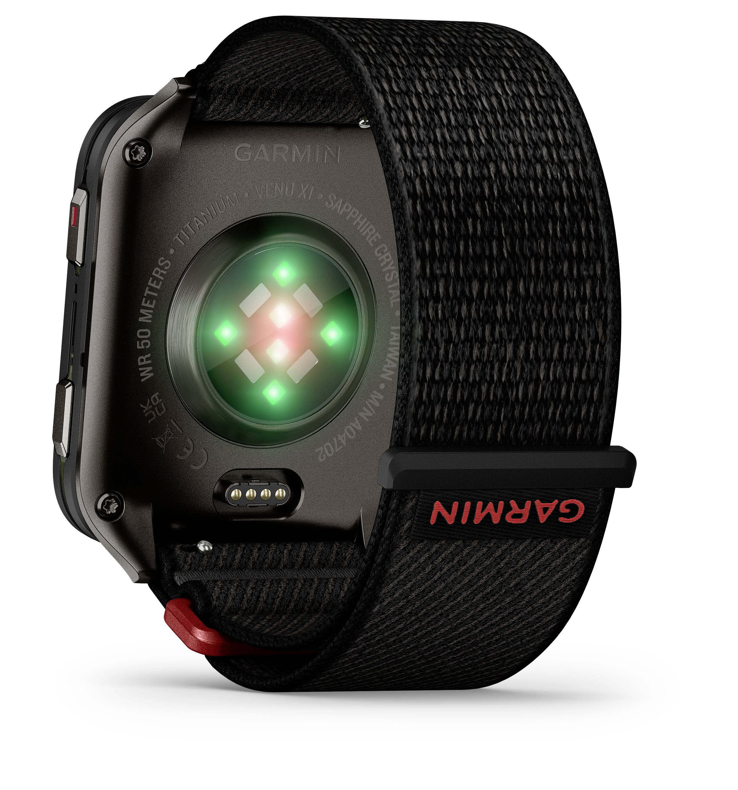A smartwatch with a black strap showing a glowing green sensor on the back. The brand name 'Garmin' appears on the strap.