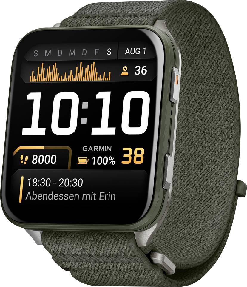 A digital watch display shows 10:10 AM, step count of 8000, battery at 100%, and a calendar event '18:30 - 20:30 Abendessen mit Erin' for August 1.