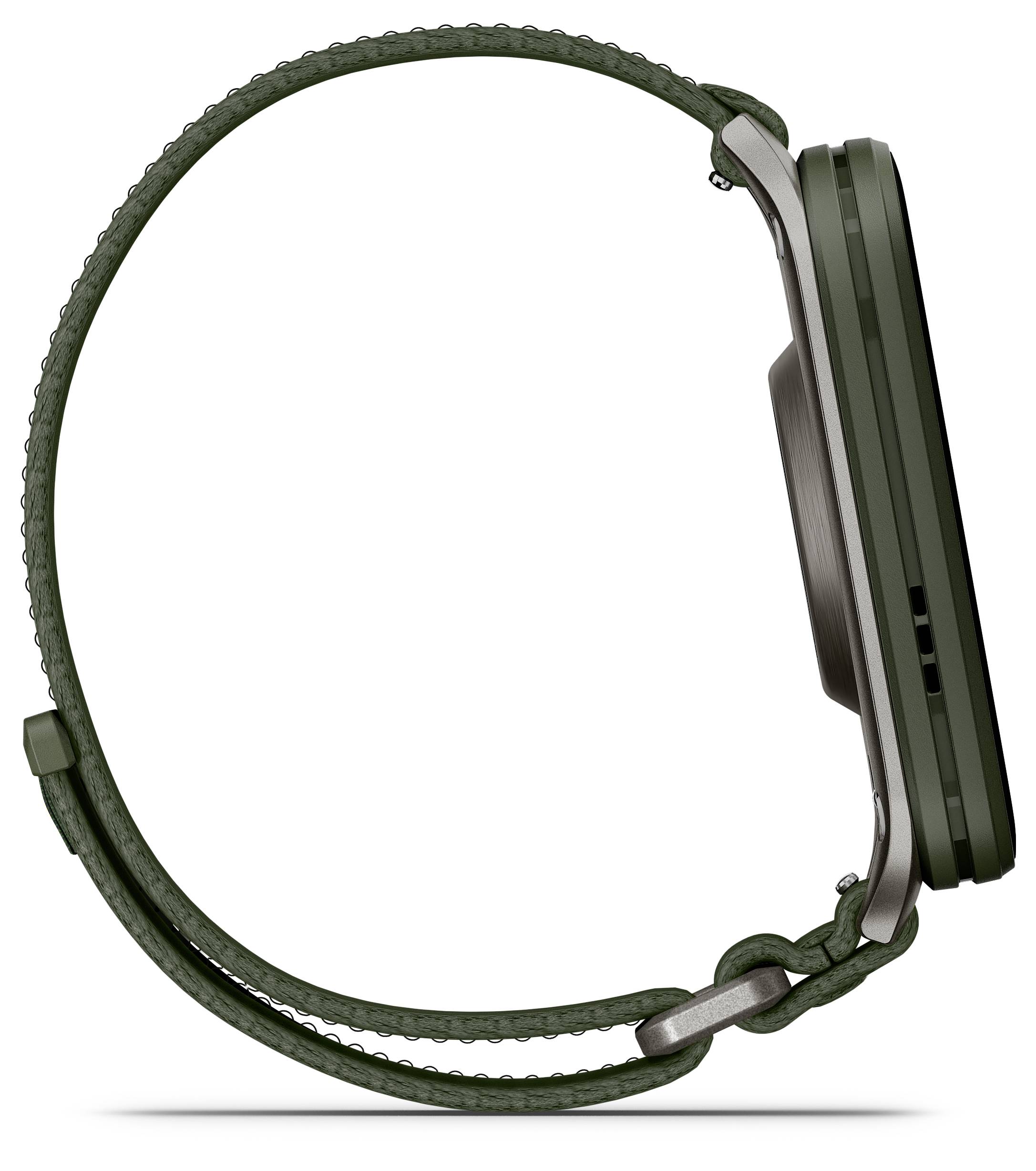 Side view of a green wristwatch with a metal case and braided strap, showcasing its thin profile and curved design.